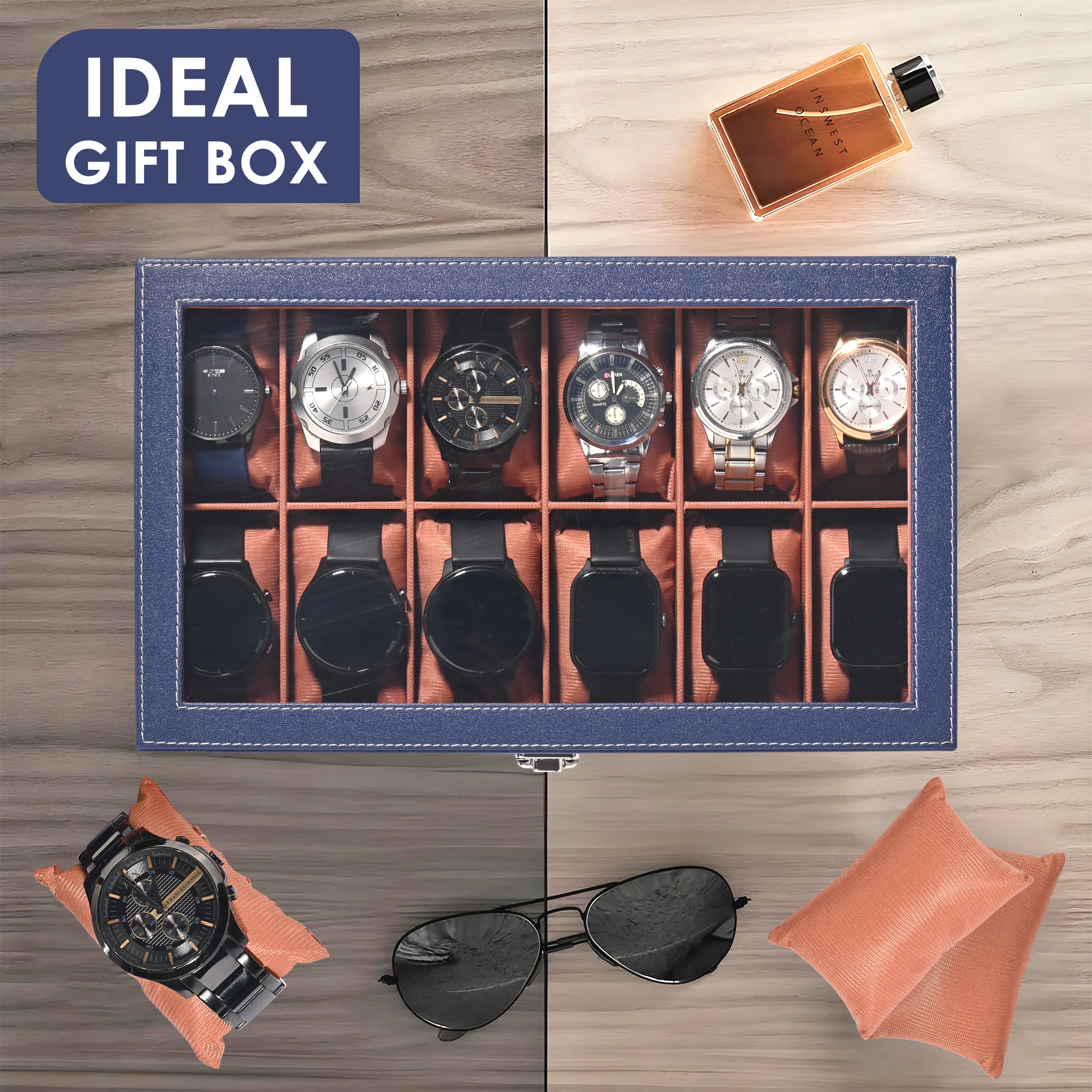 Kuber Industries Premium Faux Leather See Through 12 Slots Wrist Watch Organiser Box for Men  Women  Watch Storage Box Organizer  Watch Collection BoxCaseHolder  Navy Blue