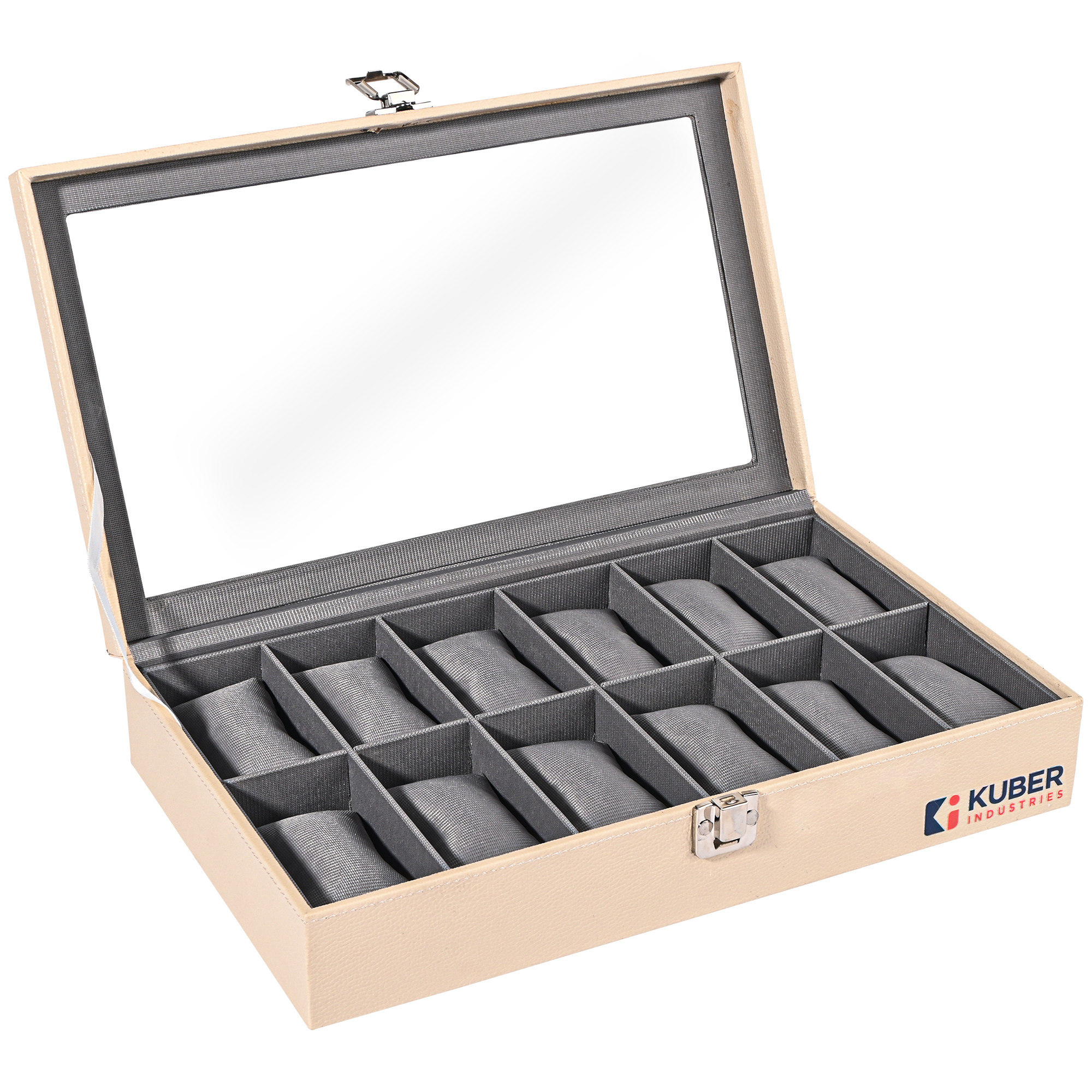 Kuber Industries Premium Faux Leather See Through 12 Slots Wrist Watch Organiser Box for Men  Women  Watch Storage Box Organizer  Watch Collection BoxCaseHolder  Cream  Grey
