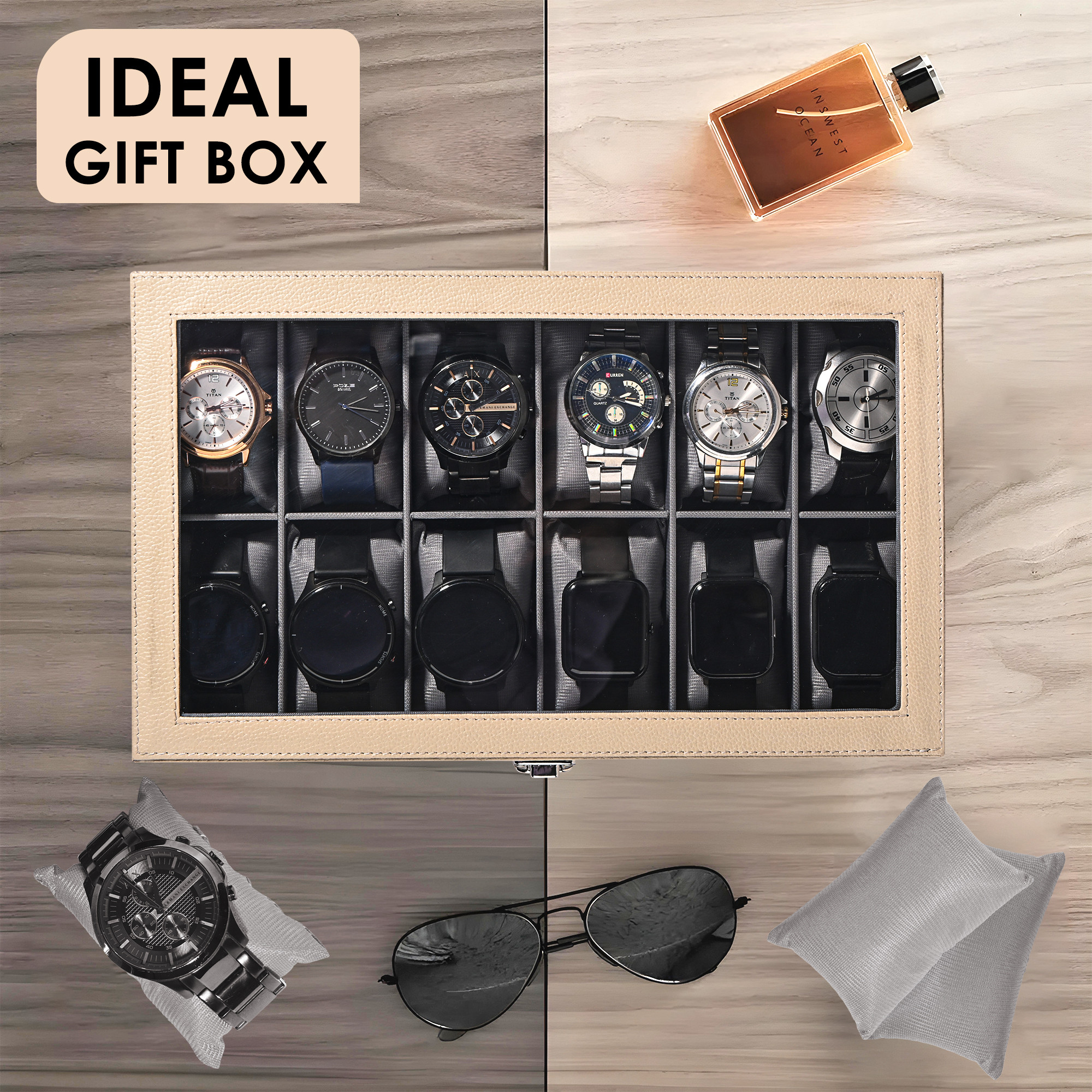Kuber Industries Premium Faux Leather See Through 12 Slots Wrist Watch Organiser Box for Men  Women  Watch Storage Box Organizer  Watch Collection BoxCaseHolder  Cream  Grey