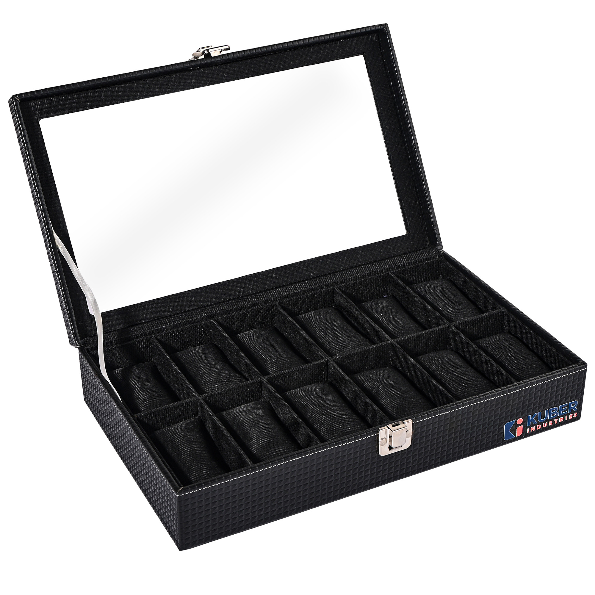Kuber Industries Premium Faux Leather See Through 12 Slots Wrist Watch Organiser Box for Men  Women  Watch Storage Box Organizer  Watch Collection BoxCaseHolder  Black