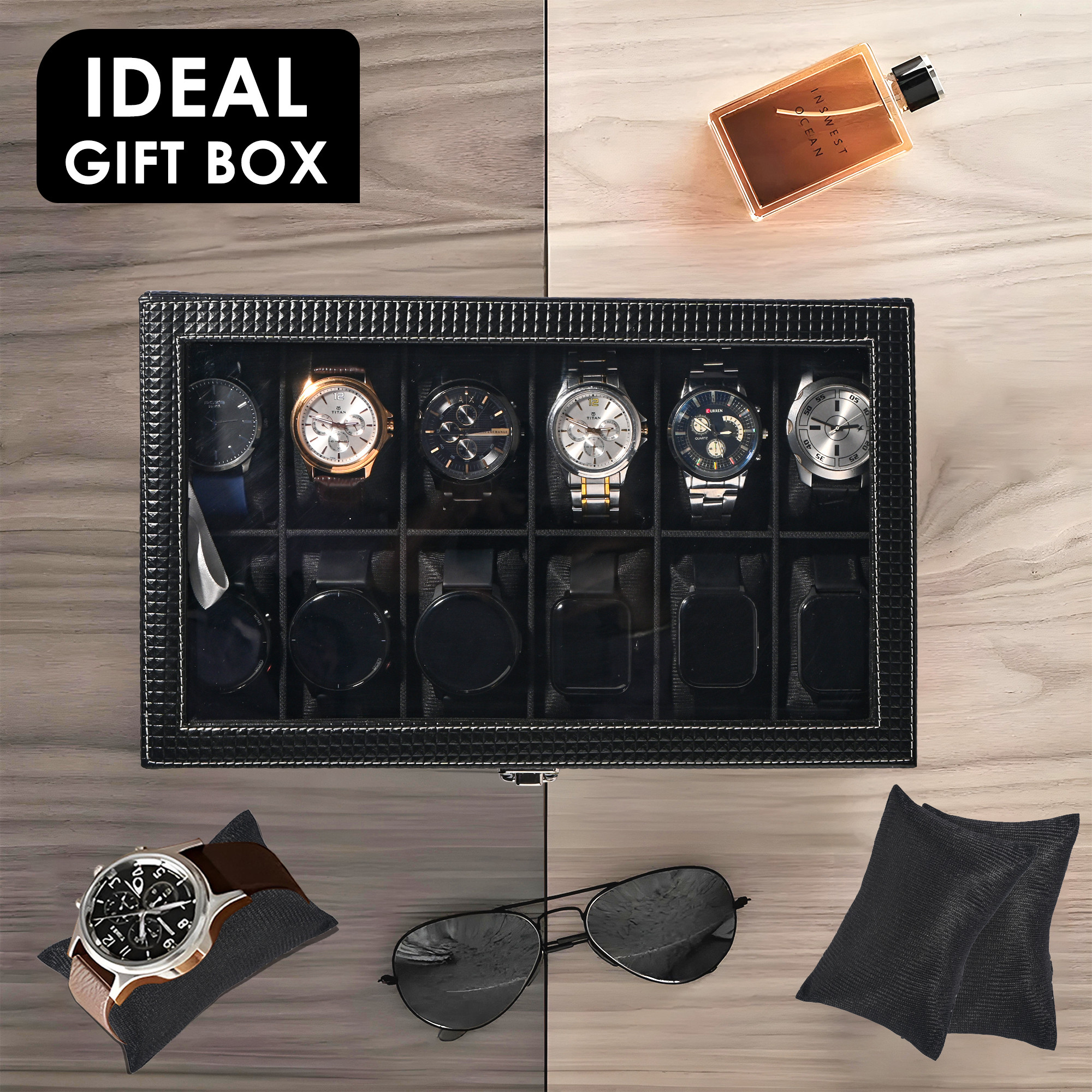 Kuber Industries Premium Faux Leather See Through 12 Slots Wrist Watch Organiser Box for Men  Women  Watch Storage Box Organizer  Watch Collection BoxCaseHolder  Black