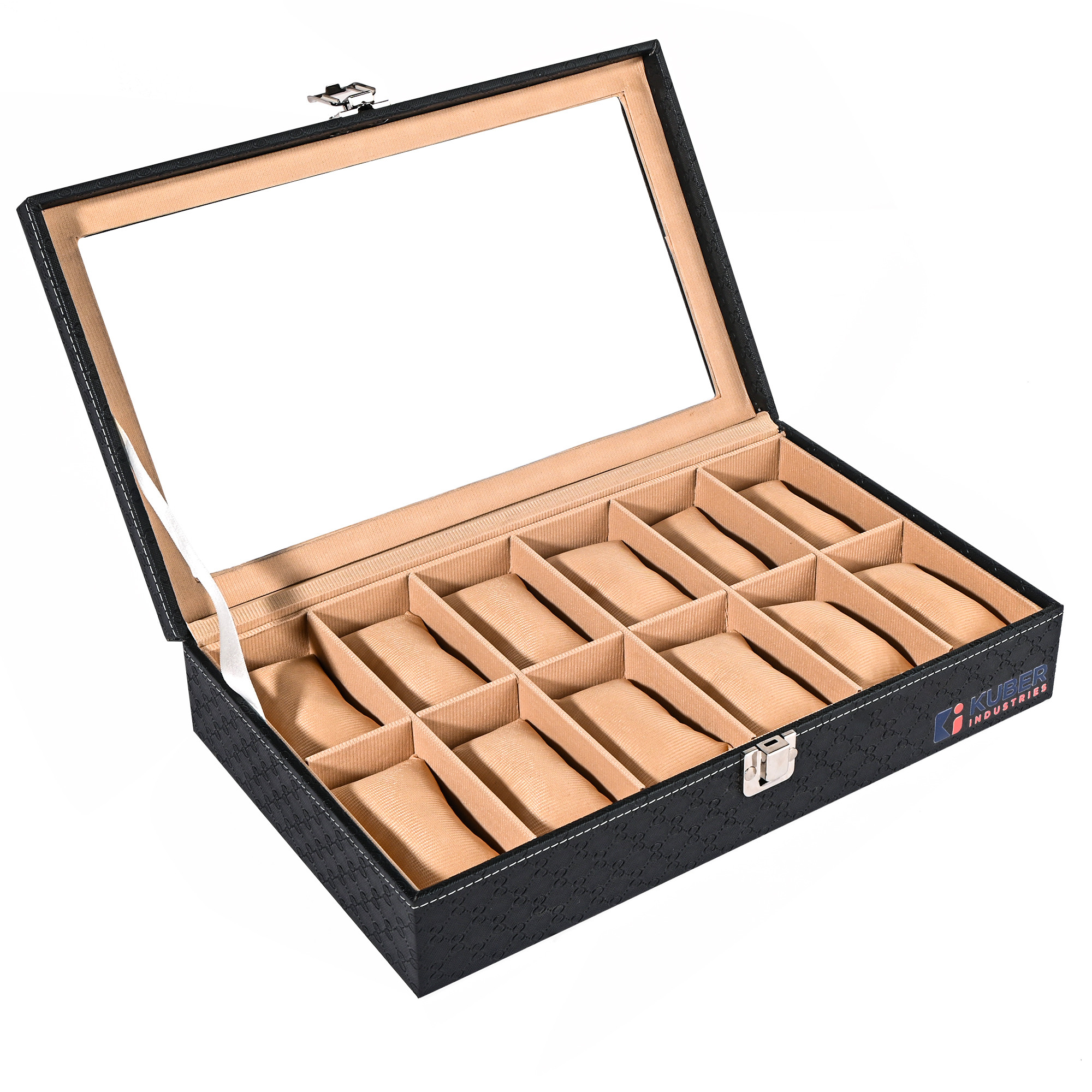 Kuber Industries Premium Faux Leather See Through 12 Slots Wrist Watch Organiser Box for Men  Women  Watch Storage Box Organizer  Watch Collection BoxCaseHolder  Black  Golden