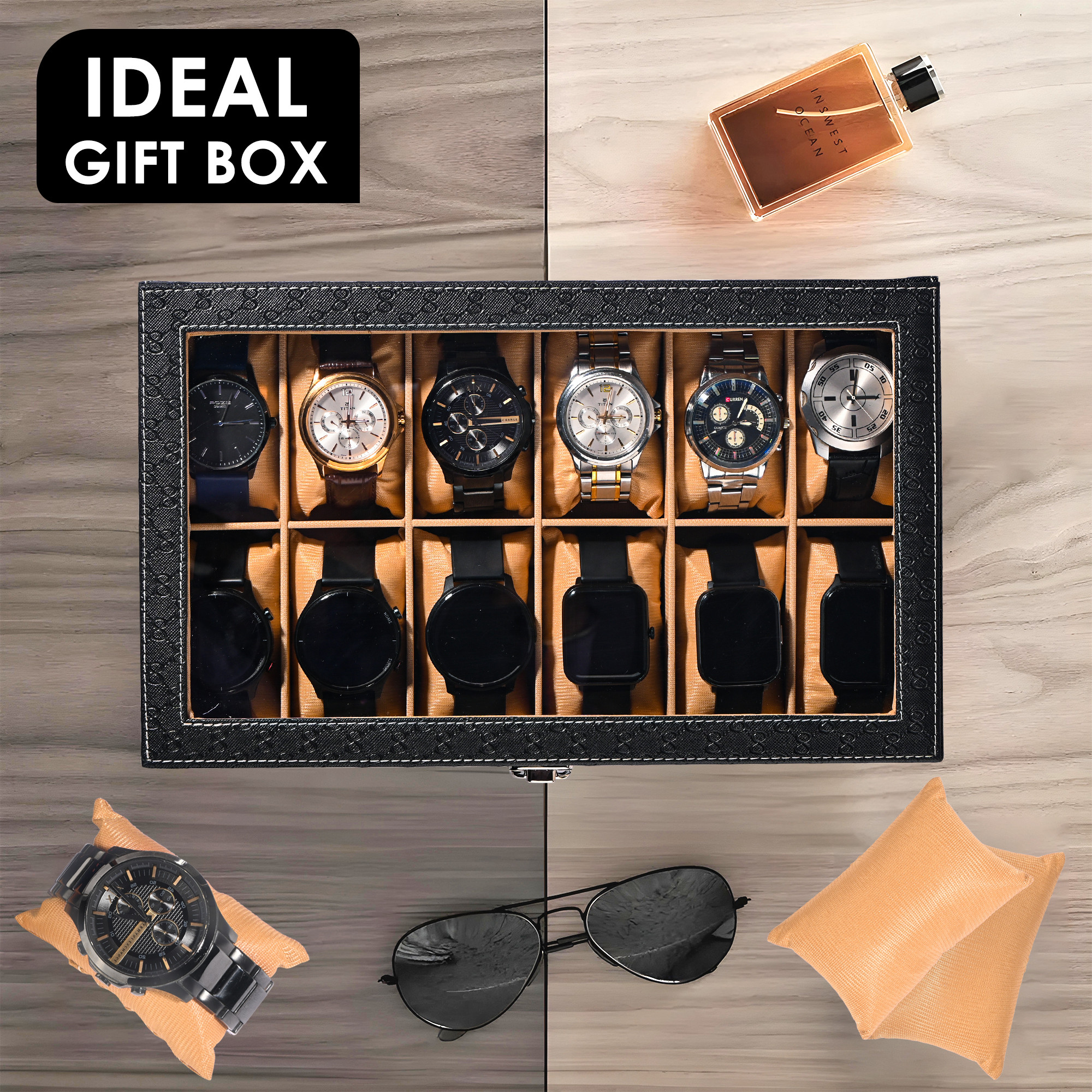 Kuber Industries Premium Faux Leather See Through 12 Slots Wrist Watch Organiser Box for Men  Women  Watch Storage Box Organizer  Watch Collection BoxCaseHolder  Black  Golden