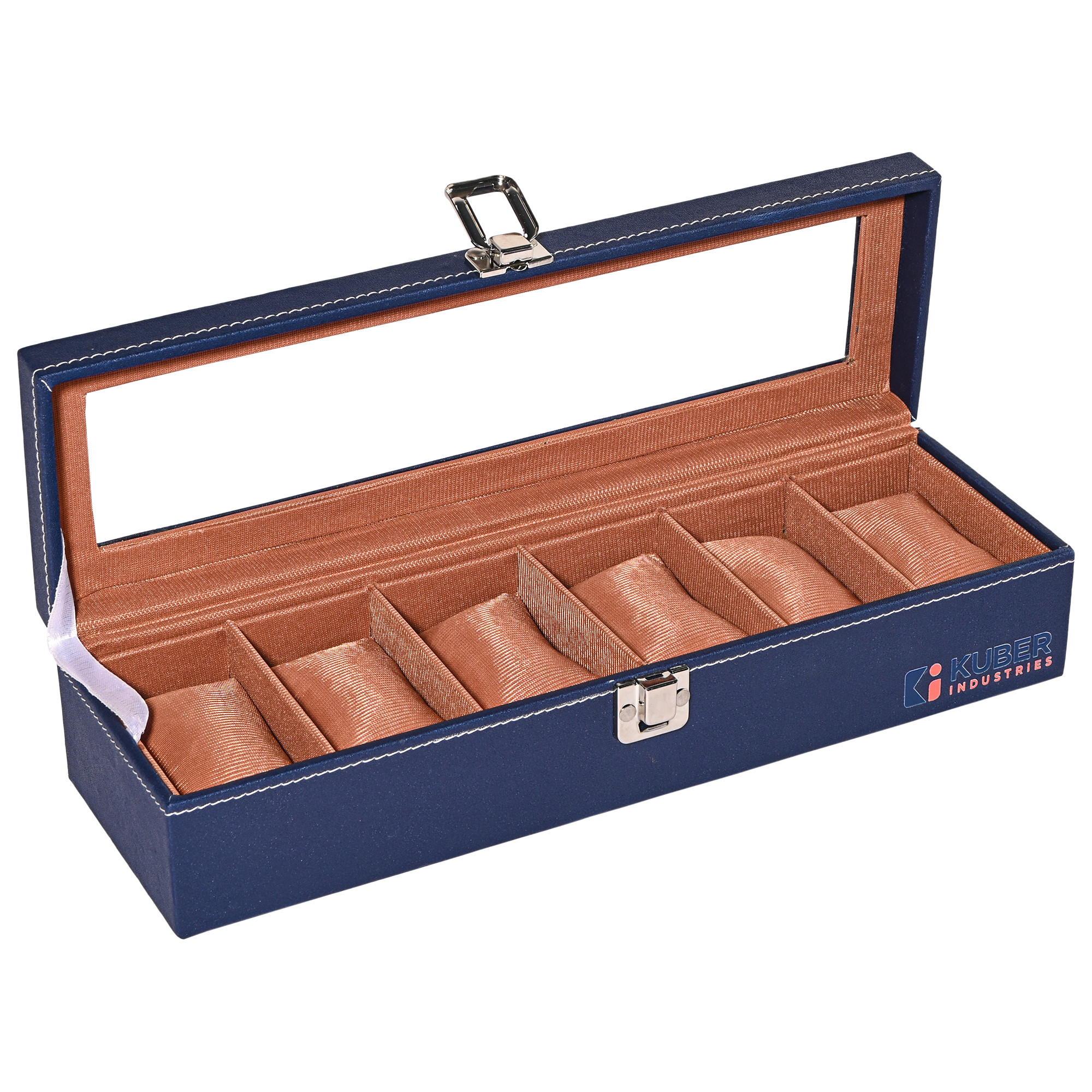 Kuber Industries Premium Faux Leather See Through 6 Slots Wrist Watch Organiser Box for Men  Women  Watch Storage Box Organizer  Watch Collection BoxCaseHolder  Navy Blue