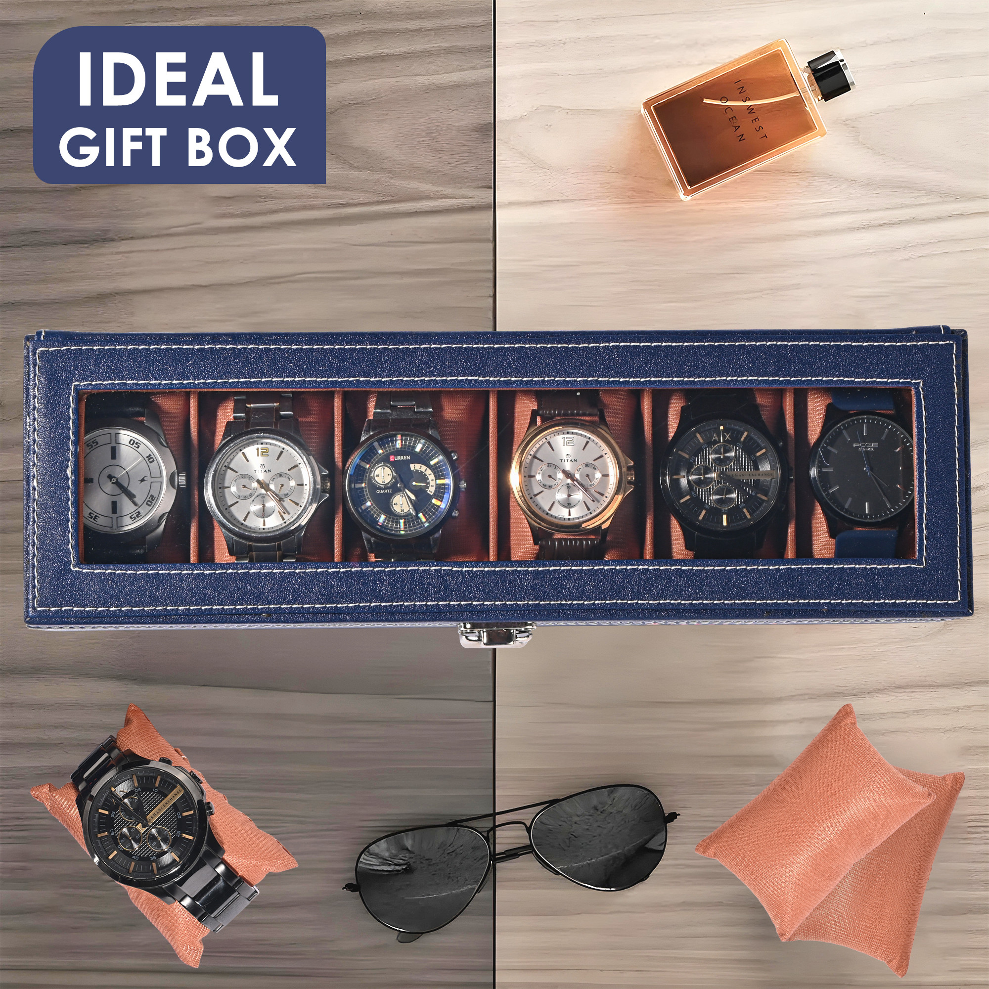 Kuber Industries Premium Faux Leather See Through 6 Slots Wrist Watch Organiser Box for Men  Women  Watch Storage Box Organizer  Watch Collection BoxCaseHolder  Navy Blue