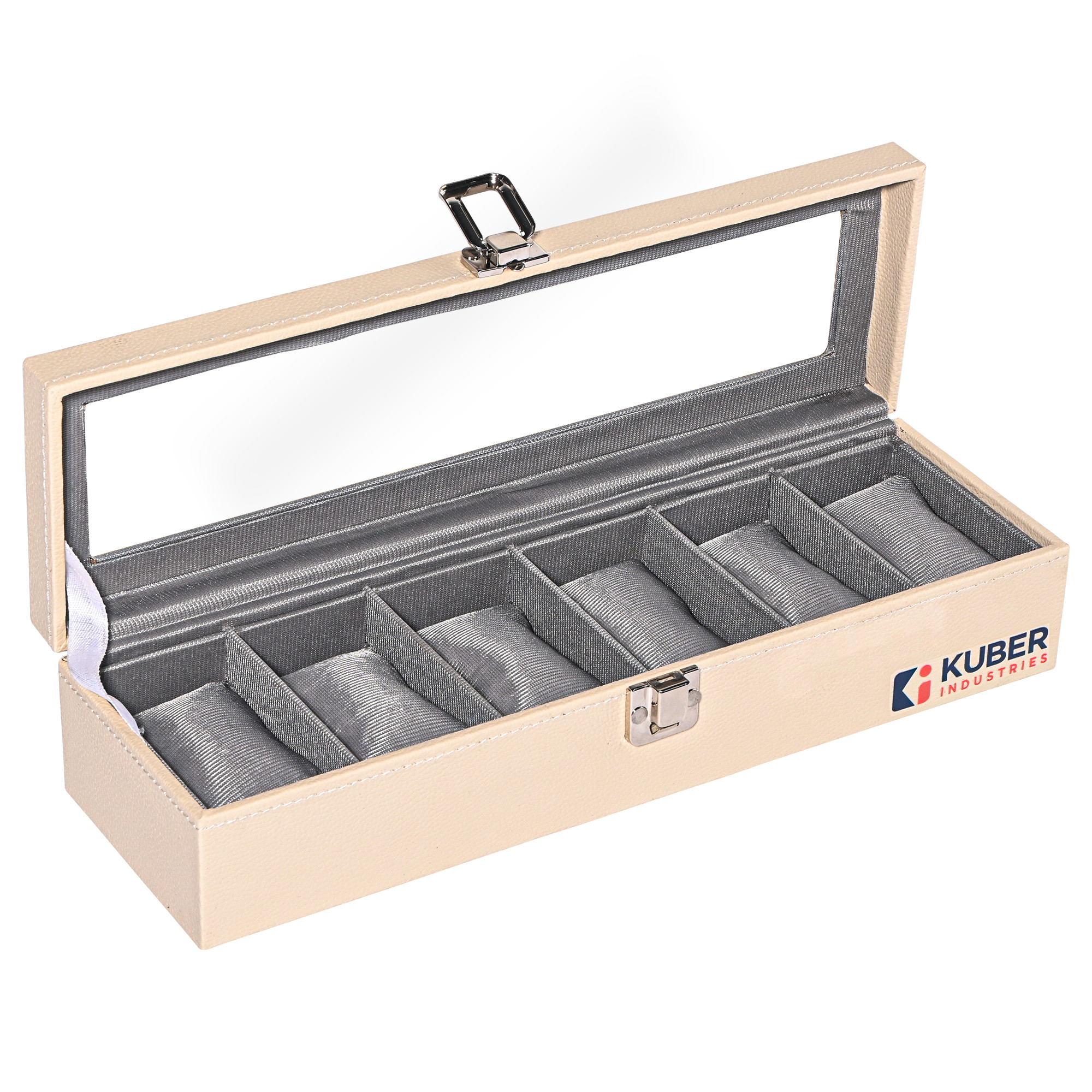 Kuber Industries Premium Faux Leather See Through 6 Slots Wrist Watch Organiser Box for Men  Women  Watch Storage Box Organizer  Watch Collection BoxCaseHolder  Cream  Grey
