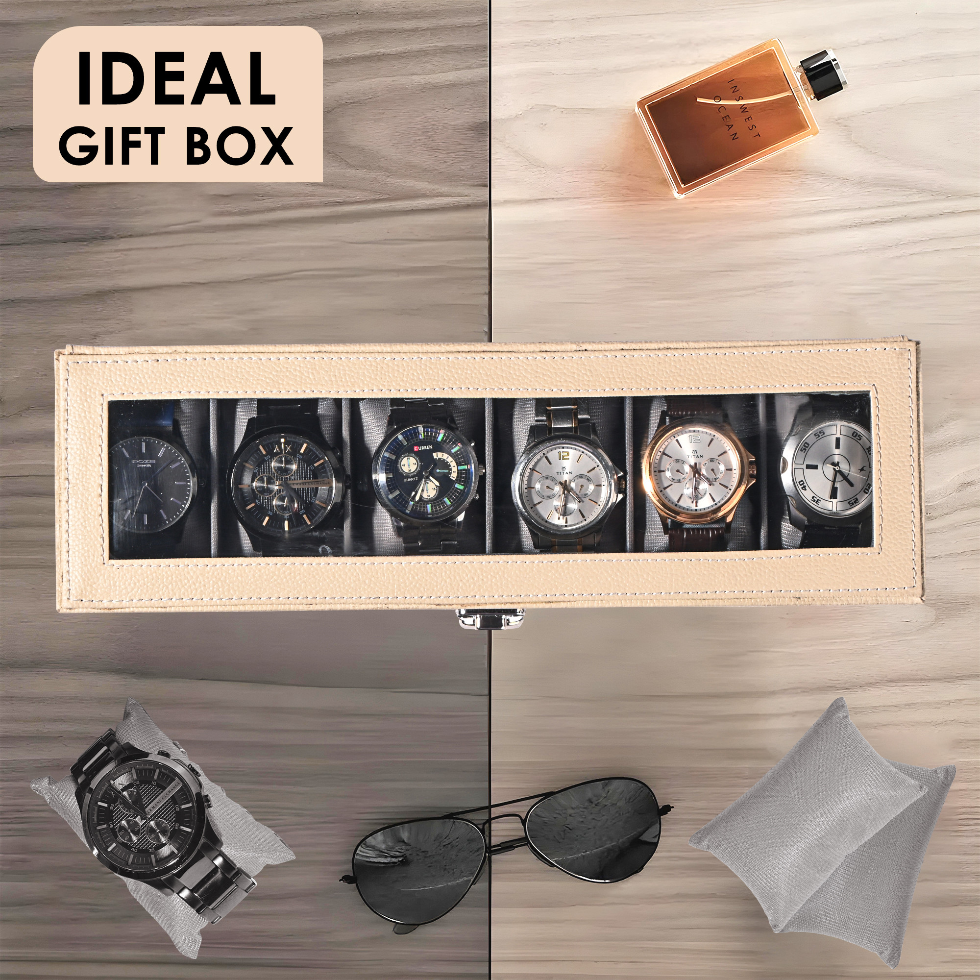 Kuber Industries Premium Faux Leather See Through 6 Slots Wrist Watch Organiser Box for Men  Women  Watch Storage Box Organizer  Watch Collection BoxCaseHolder  Cream  Grey