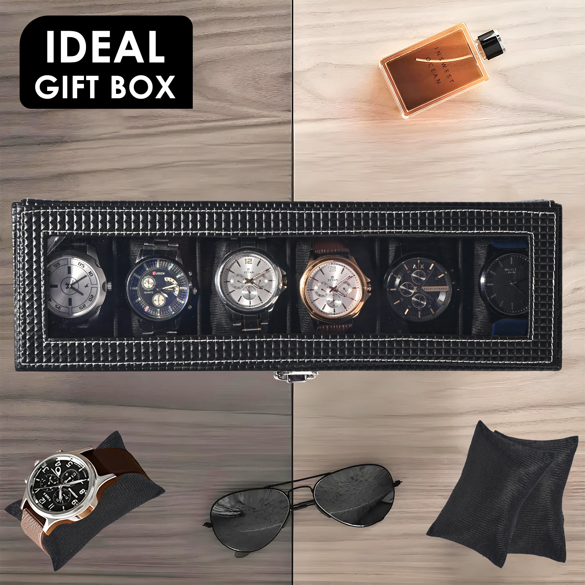 Kuber Industries Premium Faux Leather See Through 6 Slots Wrist Watch Organiser Box for Men  Women  Watch Storage Box Organizer  Watch Collection BoxCaseHolder  Black