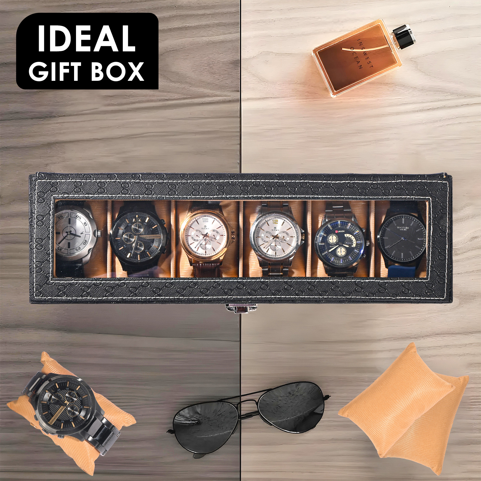 Kuber Industries Premium Faux Leather See Through 6 Slots Wrist Watch Organiser Box for Men  Women  Watch Storage Box Organizer  Watch Collection BoxCaseHolder  Black  Golden