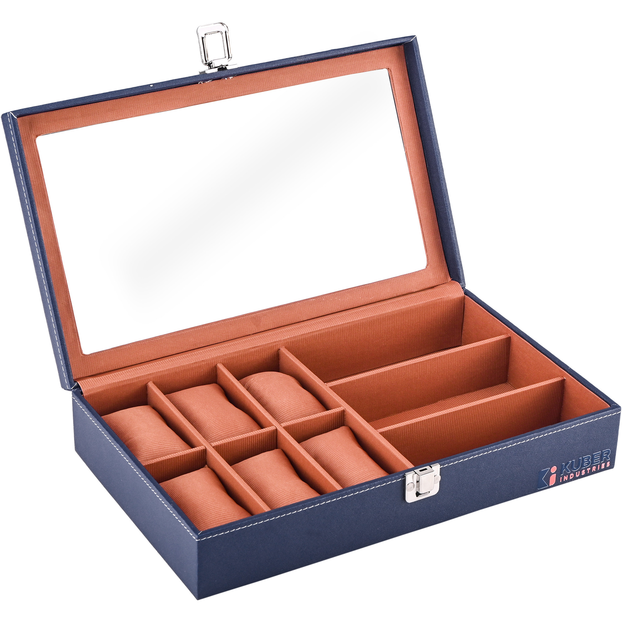 Kuber Industries Premium Faux Leather See Through 63 Slots Wrist Watch Organiser Box for Men  Women  Sunglasses Storage Organizer  Watch Collection BoxCaseHolder  Navy Blue