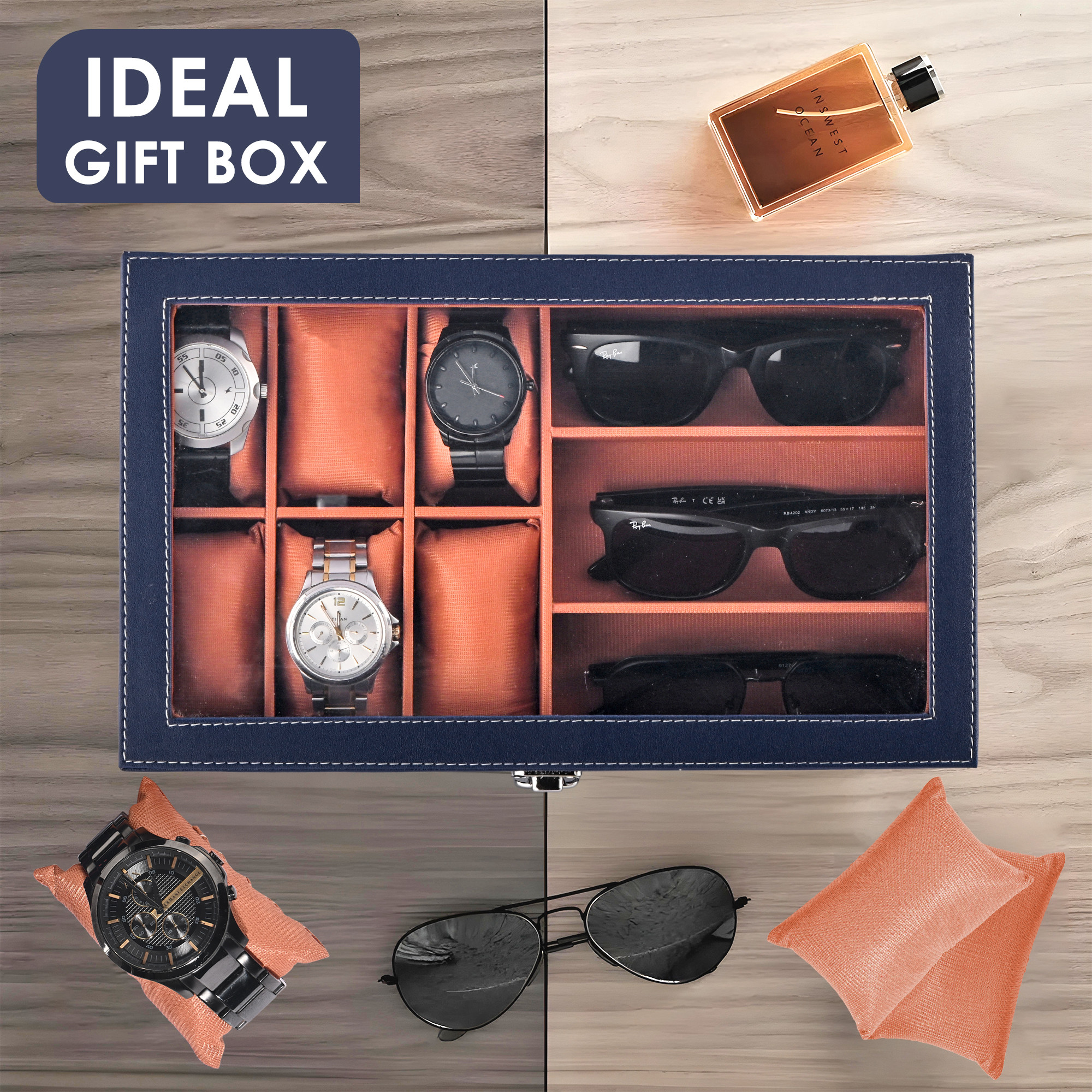 Kuber Industries Premium Faux Leather See Through 63 Slots Wrist Watch Organiser Box for Men  Women  Sunglasses Storage Organizer  Watch Collection BoxCaseHolder  Navy Blue