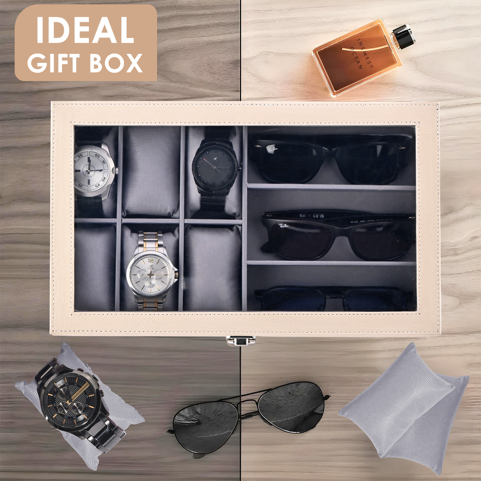 Kuber Industries Premium Faux Leather See Through 63 Slots Wrist Watch Organiser Box for Men  Women  Sunglasses Storage Organizer  Watch Collection BoxCaseHolder  Cream  Grey