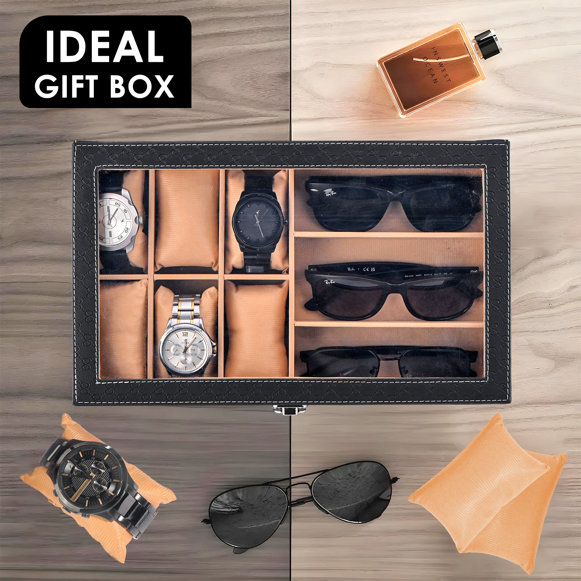 Kuber Industries Premium Faux Leather See Through 63 Slots Wrist Watch Organiser Box for Men  Women  Sunglasses Storage Organizer  Watch Collection BoxCaseHolder  Black  Golden