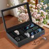 Kuber Industries Premium Faux Leather See Through 6+3 Slots Wrist Watch Organiser Box for Men &amp; Women | Sunglasses Storage Organizer | Watch Collection Box/Case/Holder | Black
