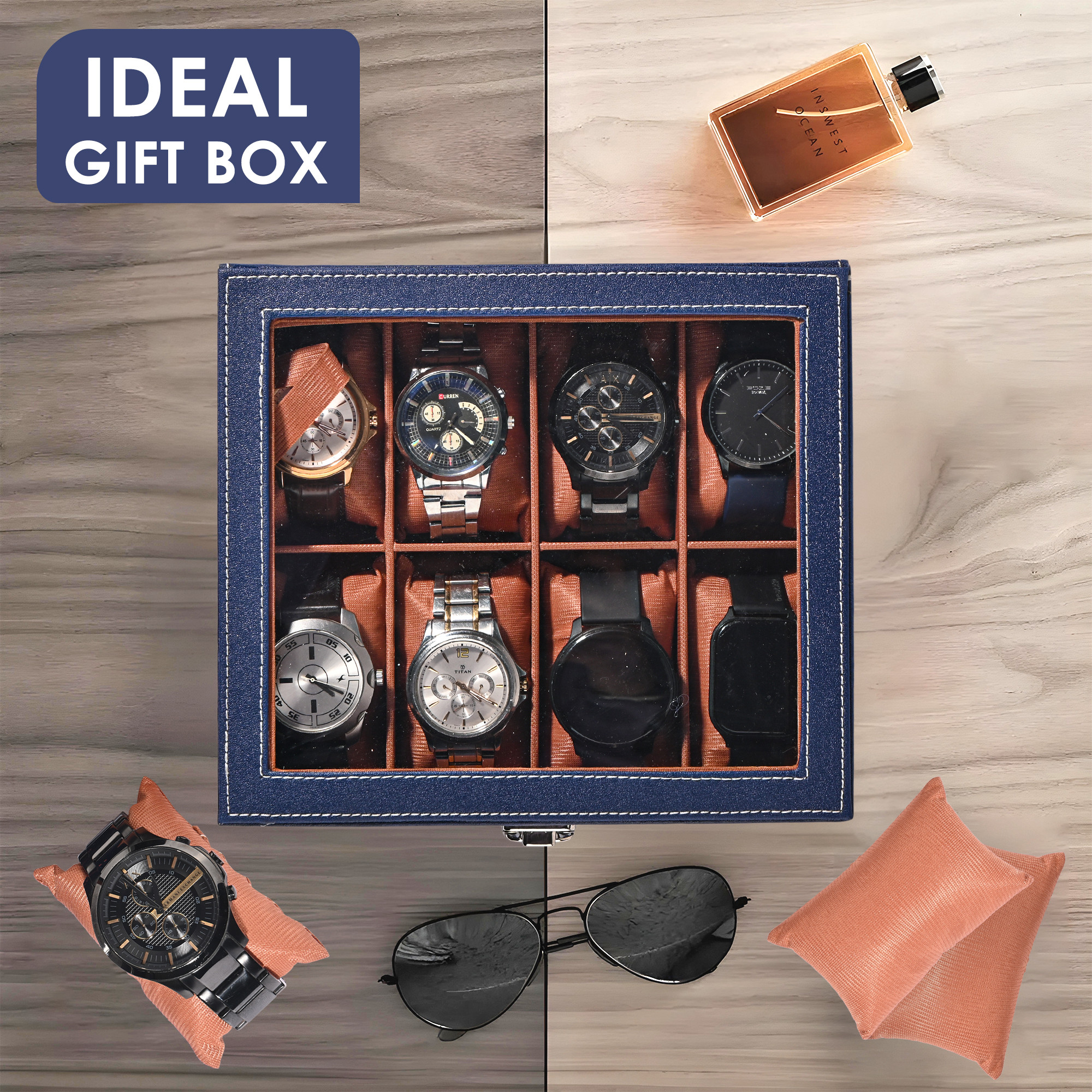 Kuber Industries Premium Faux Leather See Through 8 Slots Wrist Watch Organiser Box for Men  Women  Watch Storage Box Organizer  Watch Collection BoxCaseHolder  Navy Blue