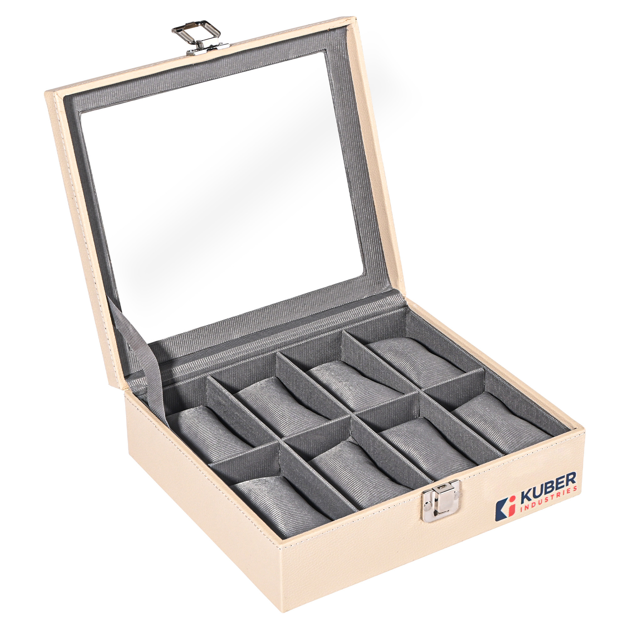 Kuber Industries Premium Faux Leather See Through 8 Slots Wrist Watch Organiser Box for Men  Women  Watch Storage Box Organizer  Watch Collection BoxCaseHolder  Cream  Grey