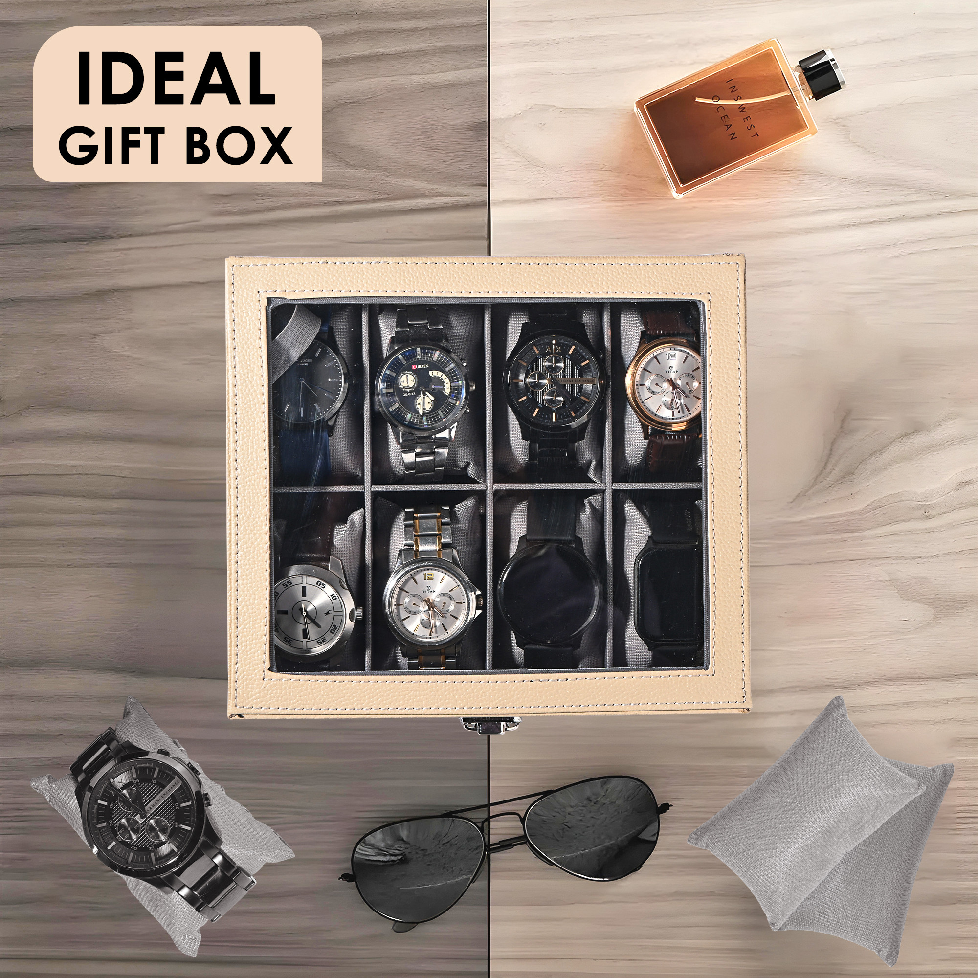 Kuber Industries Premium Faux Leather See Through 8 Slots Wrist Watch Organiser Box for Men  Women  Watch Storage Box Organizer  Watch Collection BoxCaseHolder  Cream  Grey