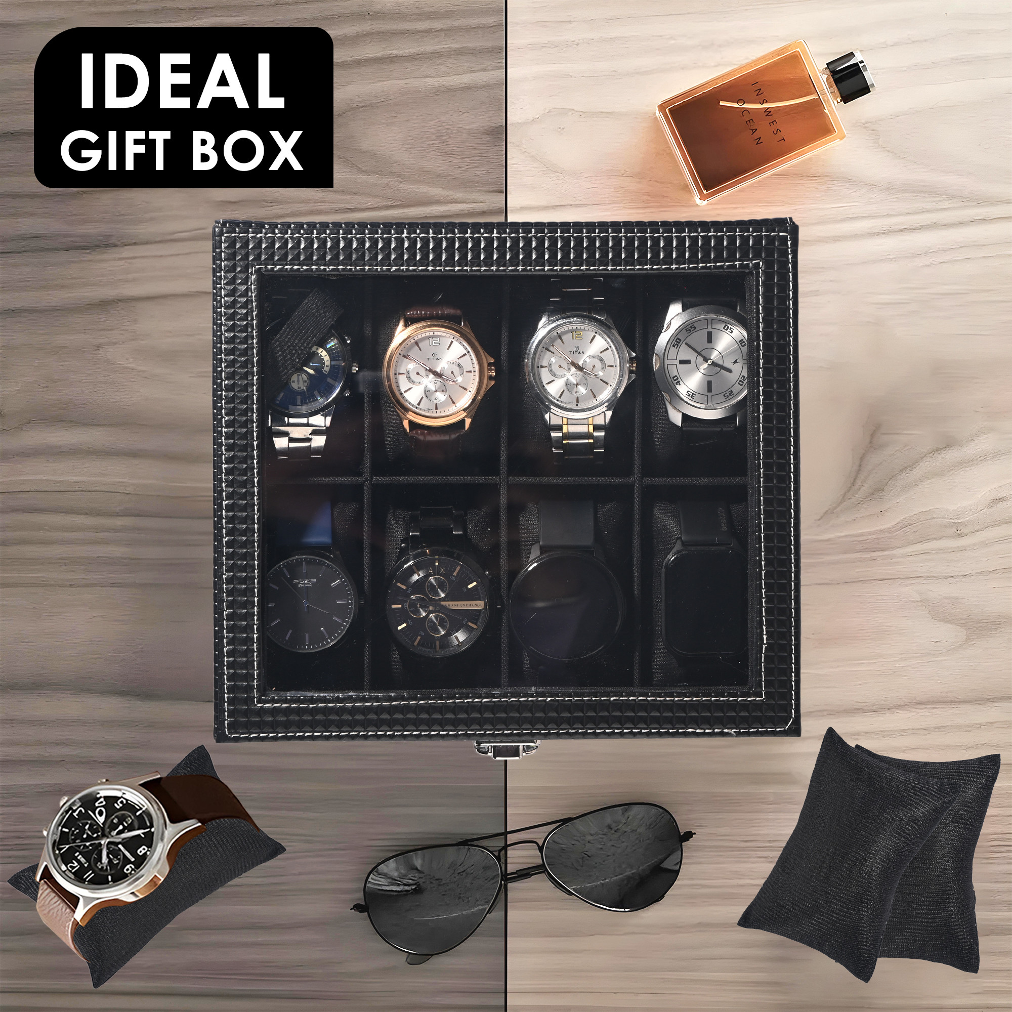 Kuber Industries Premium Faux Leather See Through 8 Slots Wrist Watch Organiser Box for Men  Women  Watch Storage Box Organizer  Watch Collection BoxCaseHolder  Black