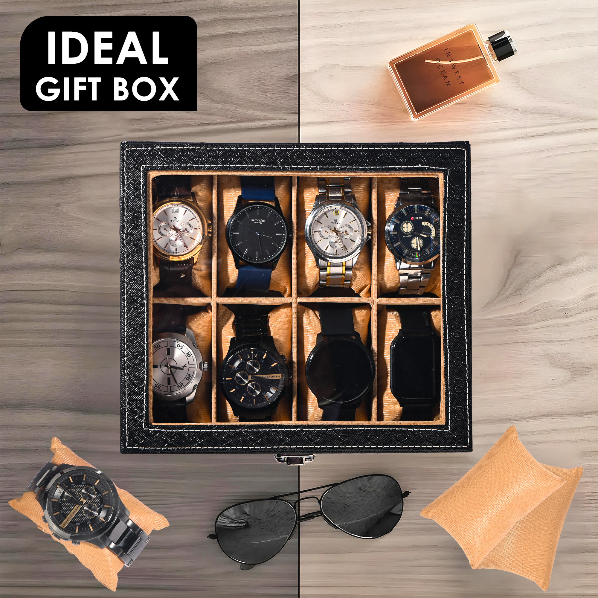 Kuber Industries Premium Faux Leather See Through 8 Slots Wrist Watch Organiser Box for Men  Women  Watch Storage Box Organizer  Watch Collection BoxCaseHolder  Black  Golden