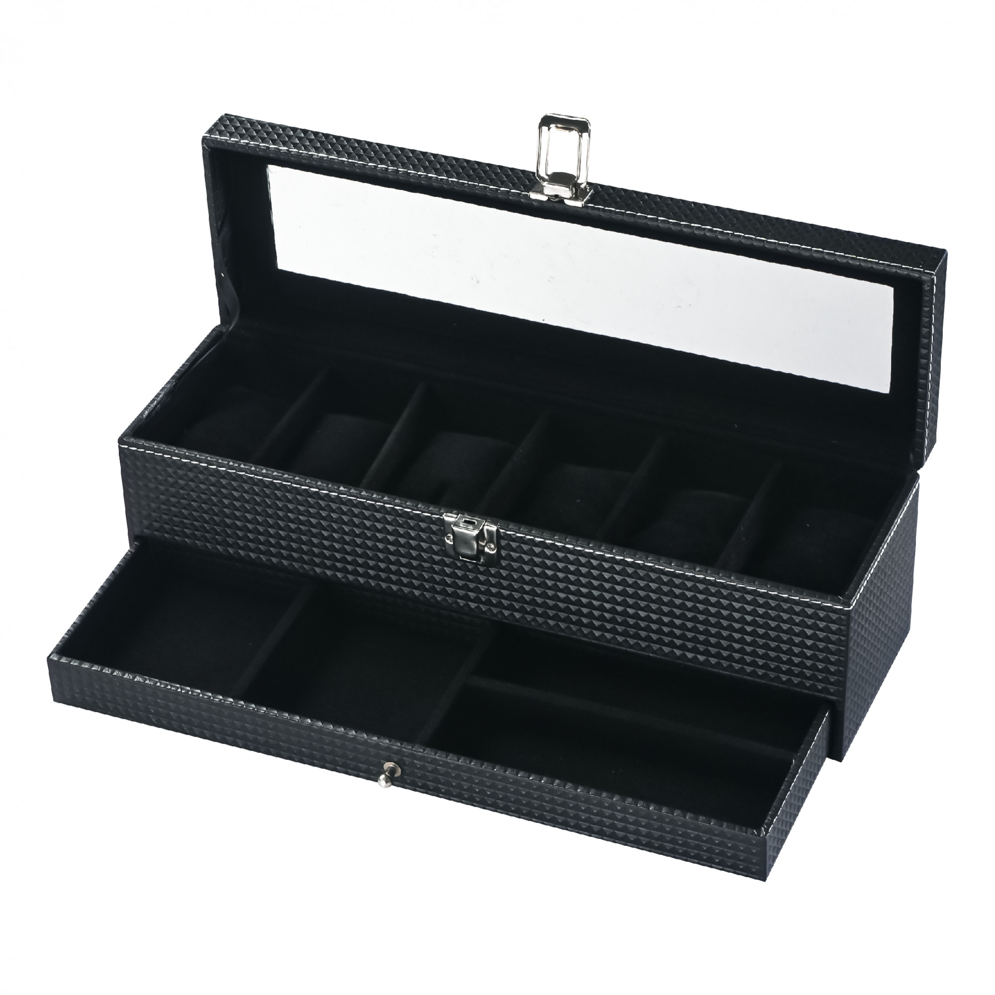 Kuber Industries Premium Faux Leather See Through Wrist Watch Organiser Box for Men  Women  Multi Compartment Sliding Drawer for Small Accessories  Watches Collection BoxHolder  Check - Black