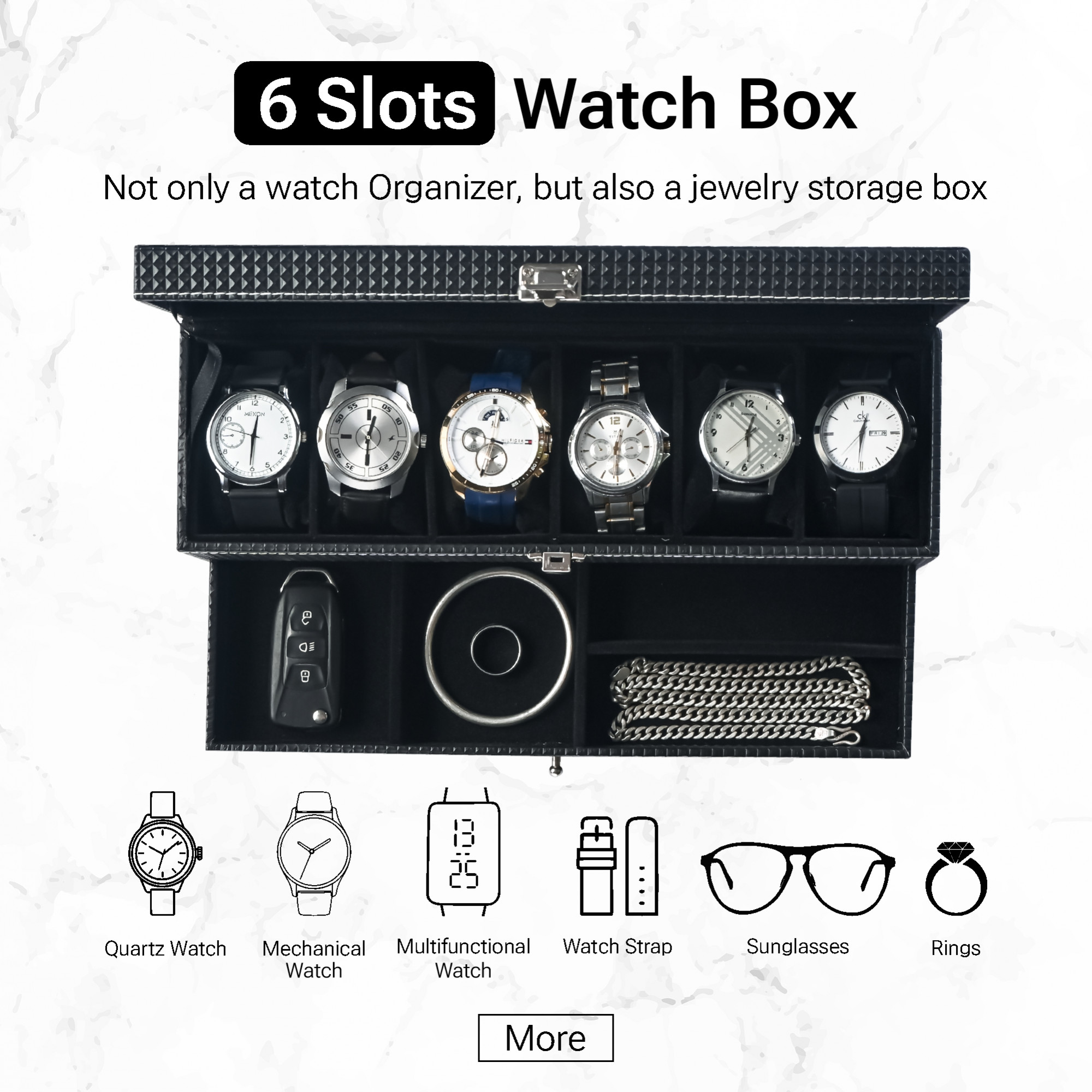 Kuber Industries Premium Faux Leather See Through Wrist Watch Organiser Box for Men  Women  Multi Compartment Sliding Drawer for Small Accessories  Watches Collection BoxHolder  Check - Black