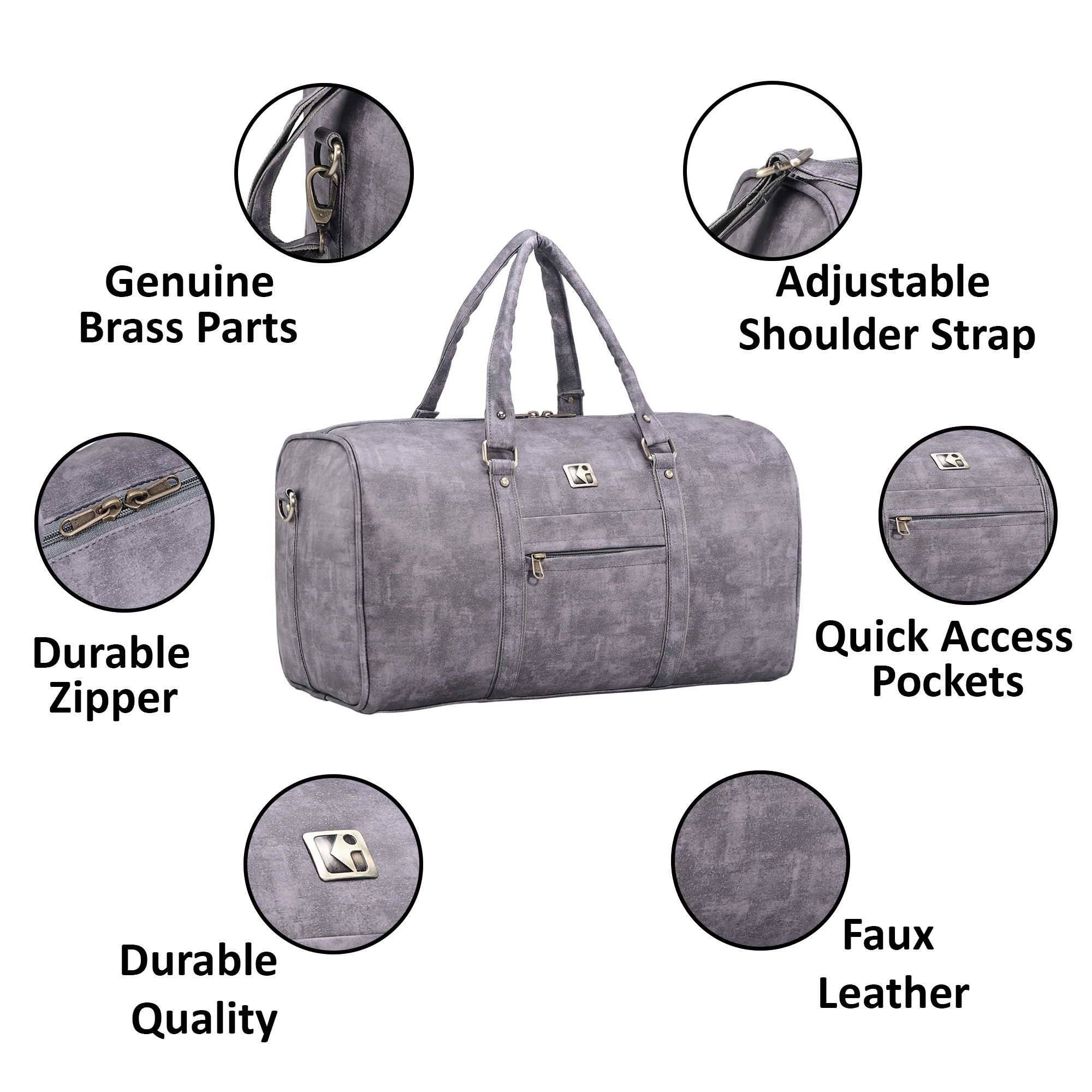Kuber Industries Premium Leather Duffle Bags for Travel for Women  Men  Cabin Bag with Detachable Shoulder Strap  Foam Handle  Water Resistant Luggage Bag for Travelling  Sandstone Grey