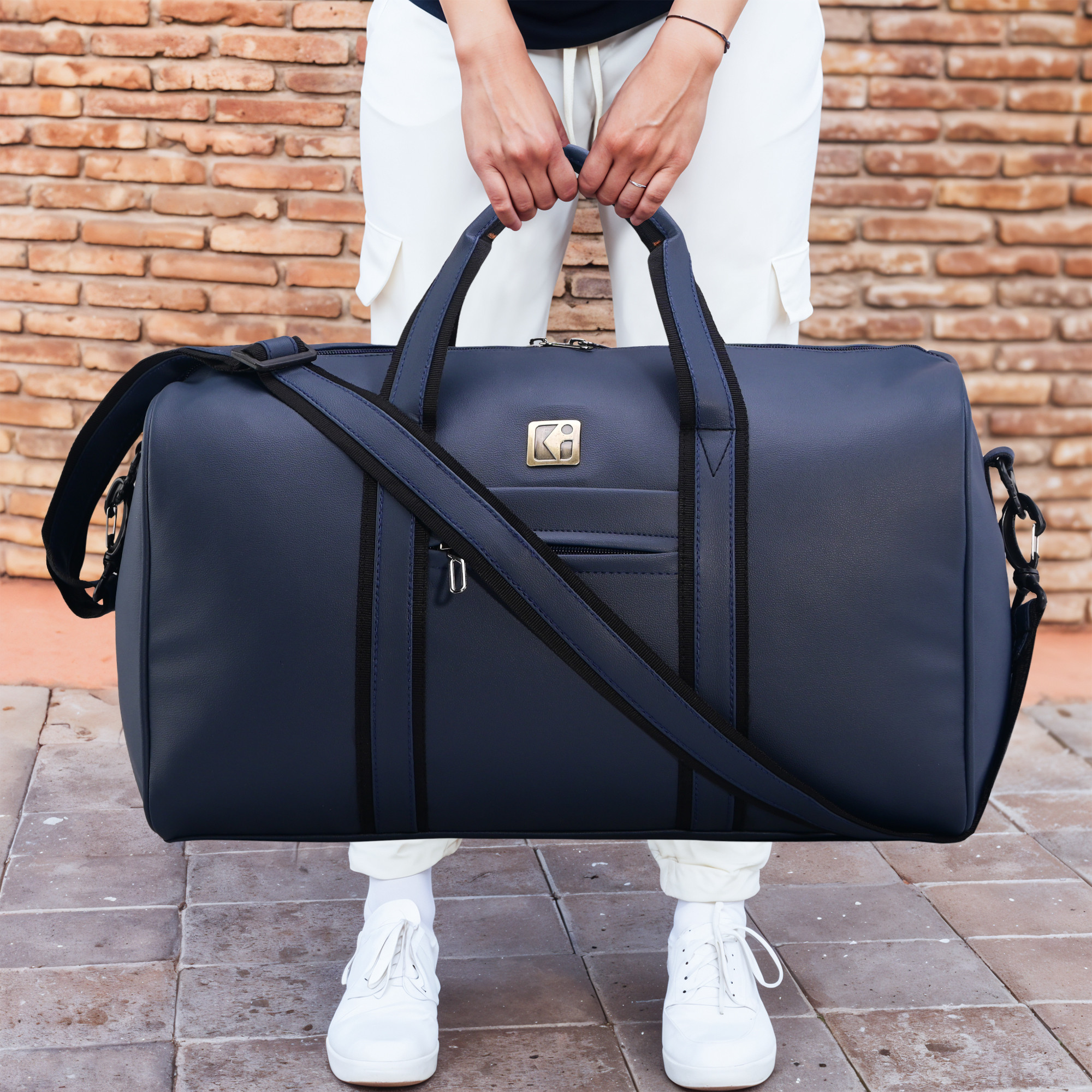 Kuber Industries Premium Leather Duffle Bags for Travel for Women  Men  Spacious Cabin Bag with Detachable Shoulder Strap  Water Resistant Luggage Bag for Travelling  Tour  Navy Blue