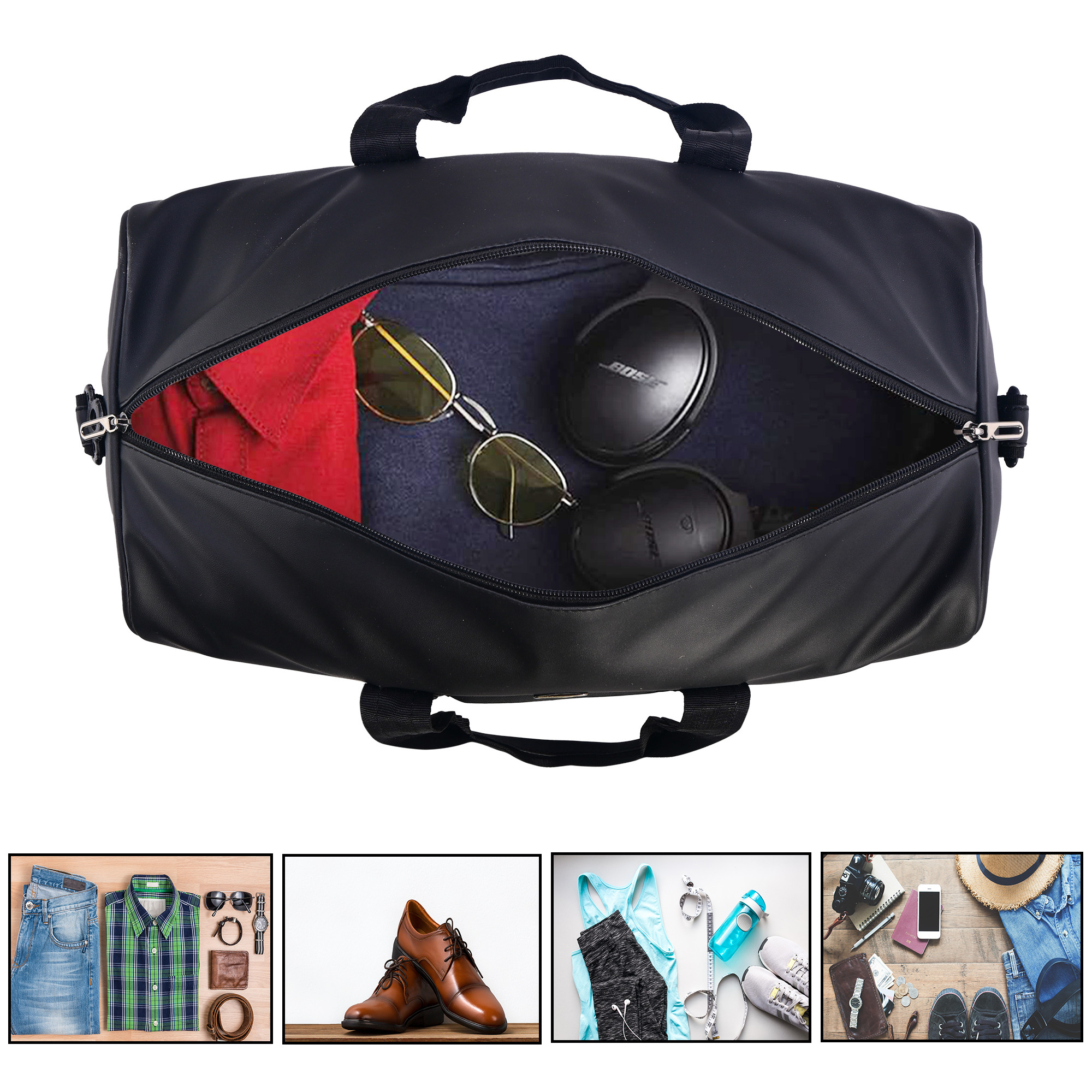 Kuber Industries Premium Leather Duffle Bags for Travel for Women  Men  Spacious Cabin Bag with Detachable Shoulder Strap  Water Resistant Luggage Bag for Travelling  Tour  Black