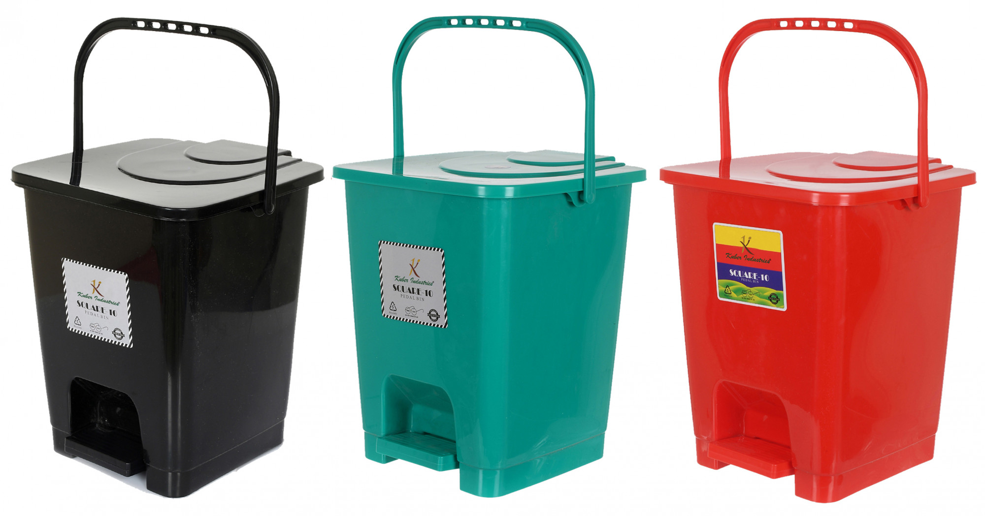 Kuber Industries Premium Plastic Pedal Dustbin 10 Ltr (Black & Green & Red)-Pack of 3
