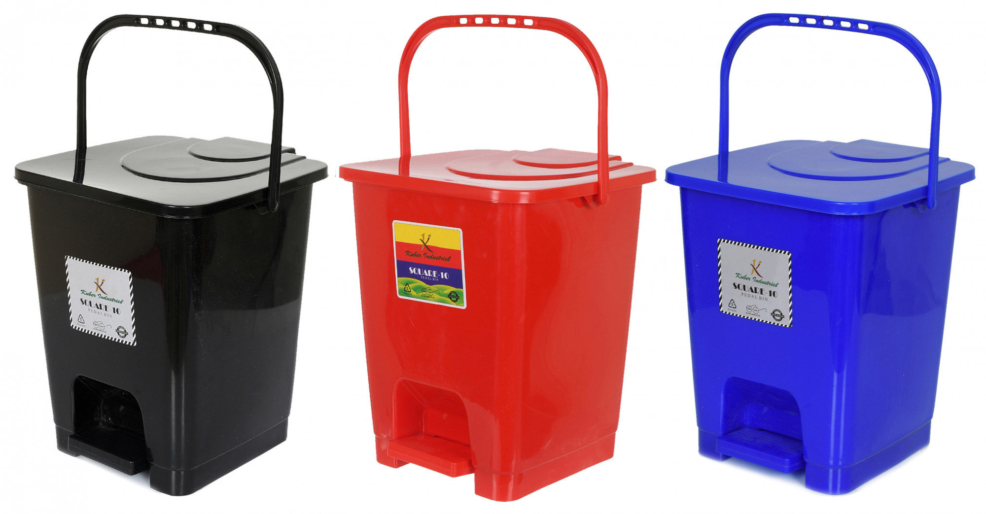 Kuber Industries Premium Plastic Pedal Dustbin 10 Ltr (Black & Red & Blue)-Pack of 3