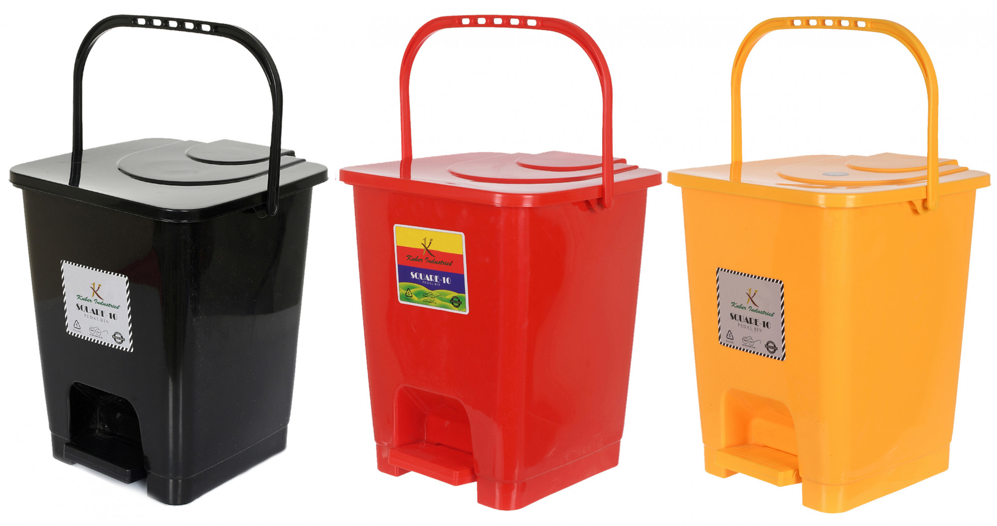 Kuber Industries Premium Plastic Pedal Dustbin 10 Ltr (Black & Red & Yellow)-Pack of 3