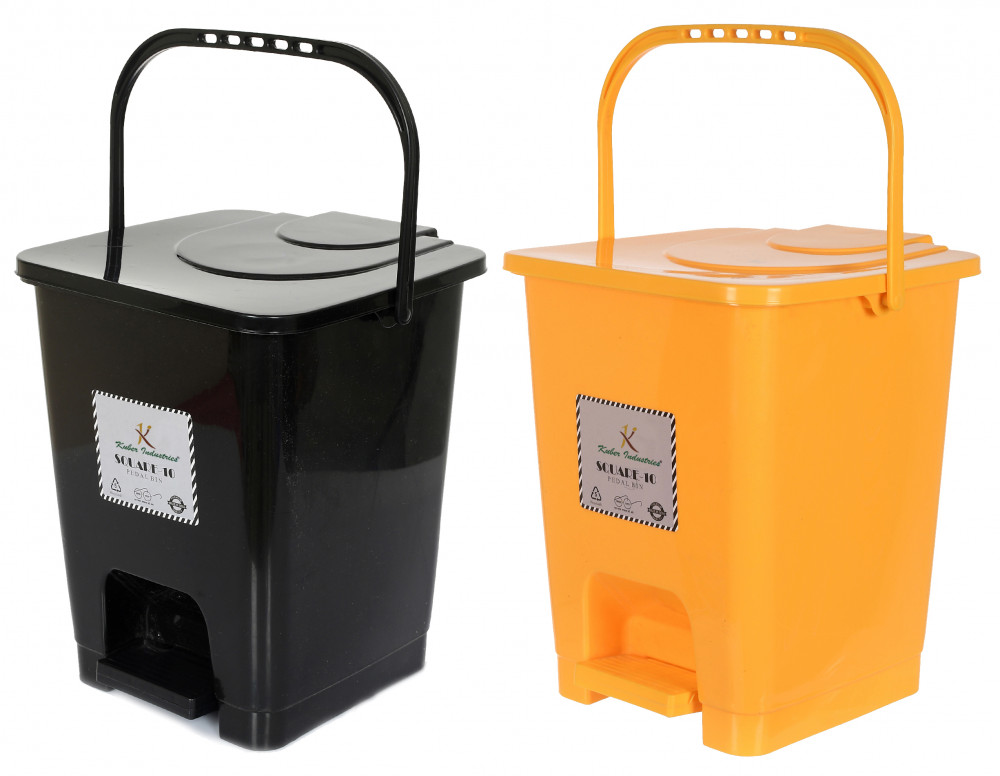 Kuber Industries Premium Plastic Pedal Dustbin 10 Ltr (Black &amp; Yellow)-Pack of 2