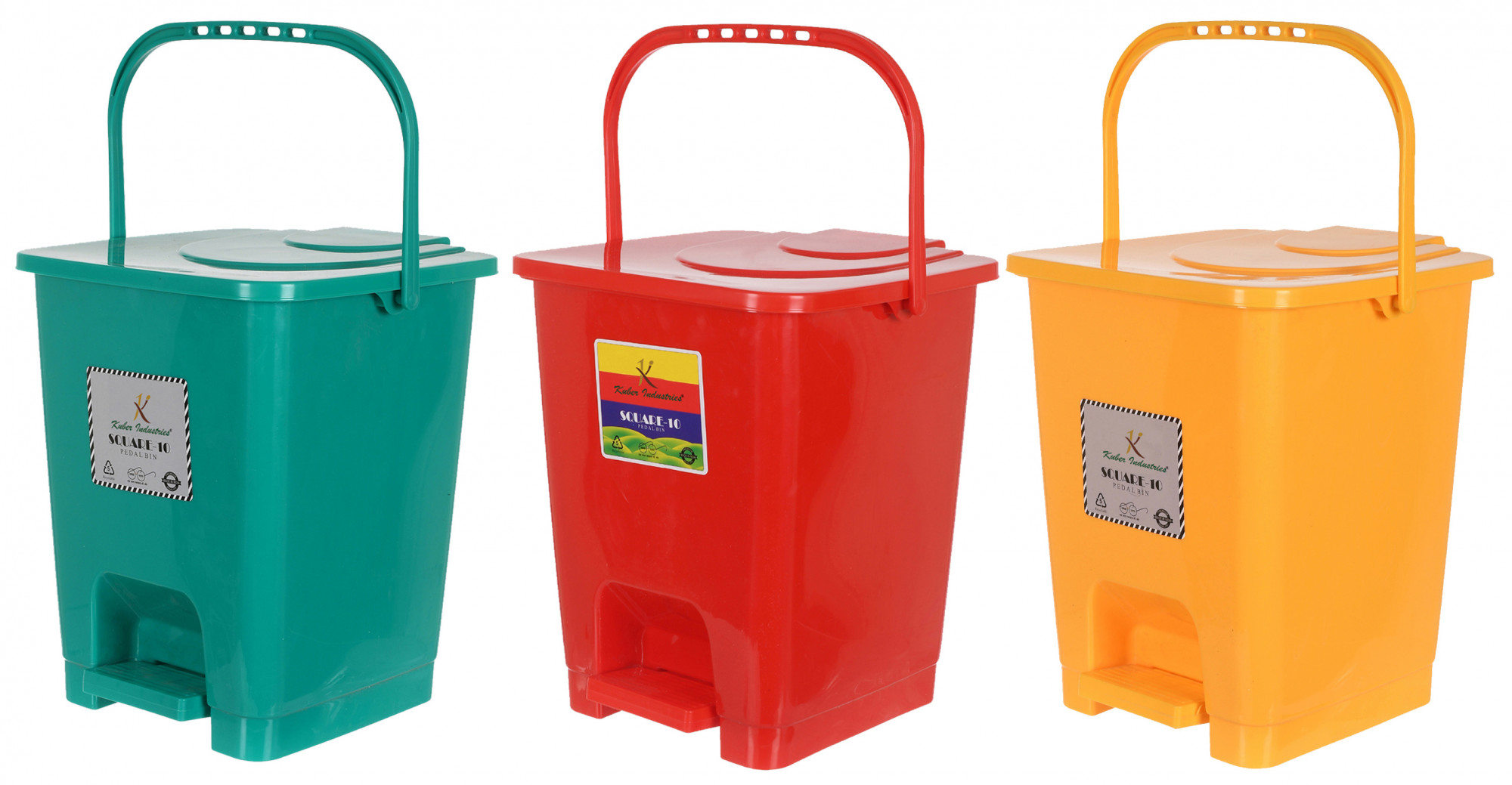 Kuber Industries Premium Plastic Pedal Dustbin 10 Ltr (Green & Red & Yellow)-Pack of 3