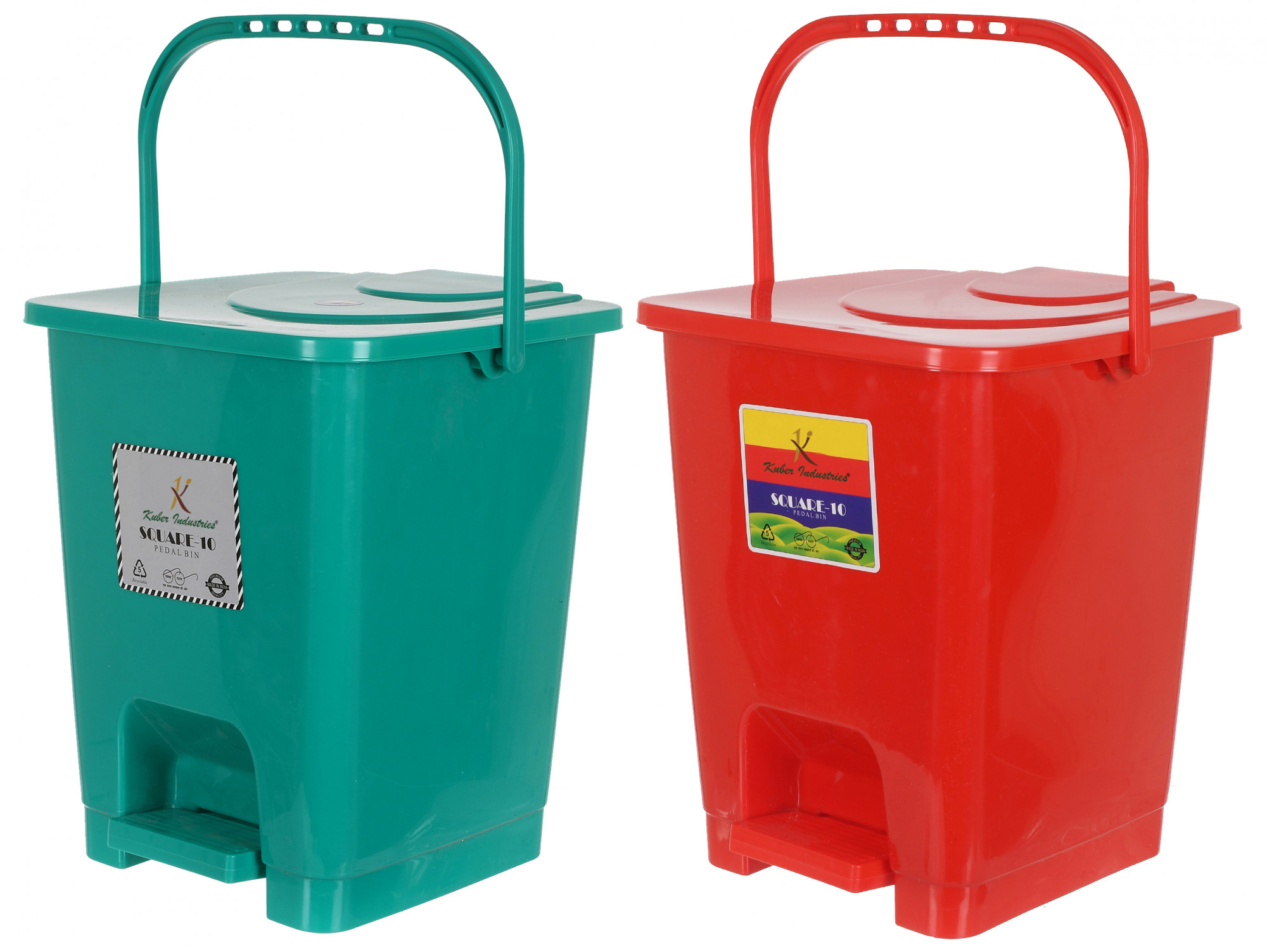 Kuber Industries Premium Plastic Pedal Dustbin 10 Ltr (Green & Red)-Pack of 2