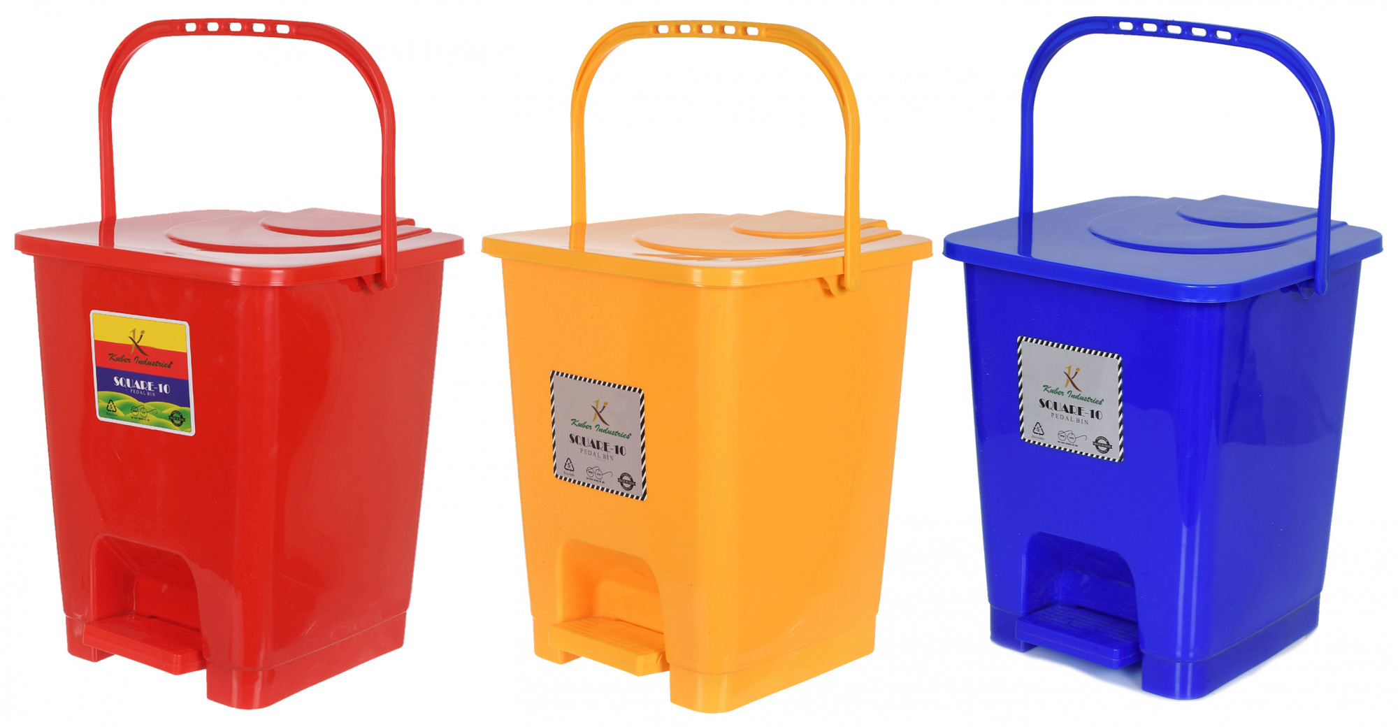 Kuber Industries Premium Plastic Pedal Dustbin 10 Ltr (Red & Yellow & Blue)-Pack of 3