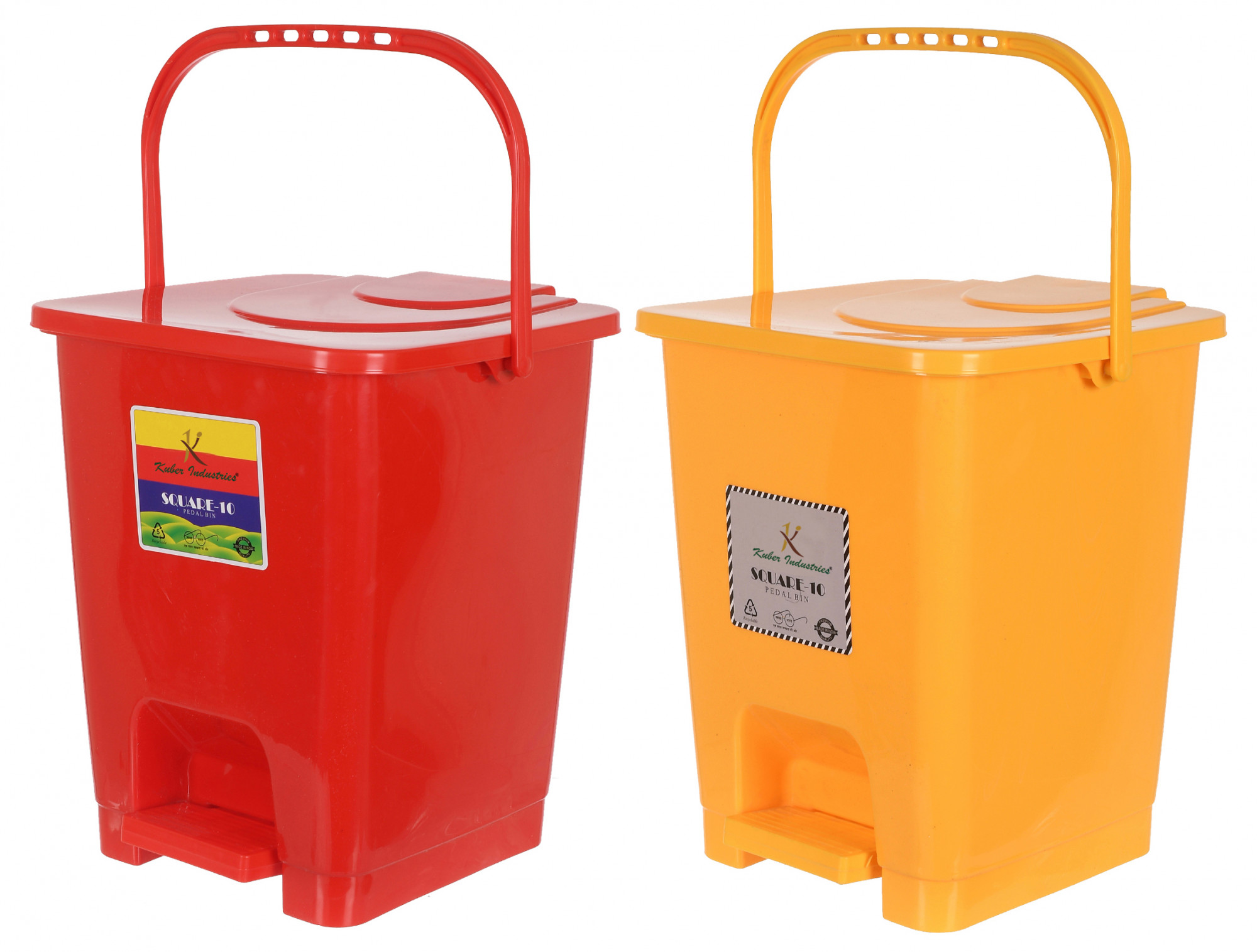 Kuber Industries Premium Plastic Pedal Dustbin 10 Ltr (Red & Yellow)-Pack of 2