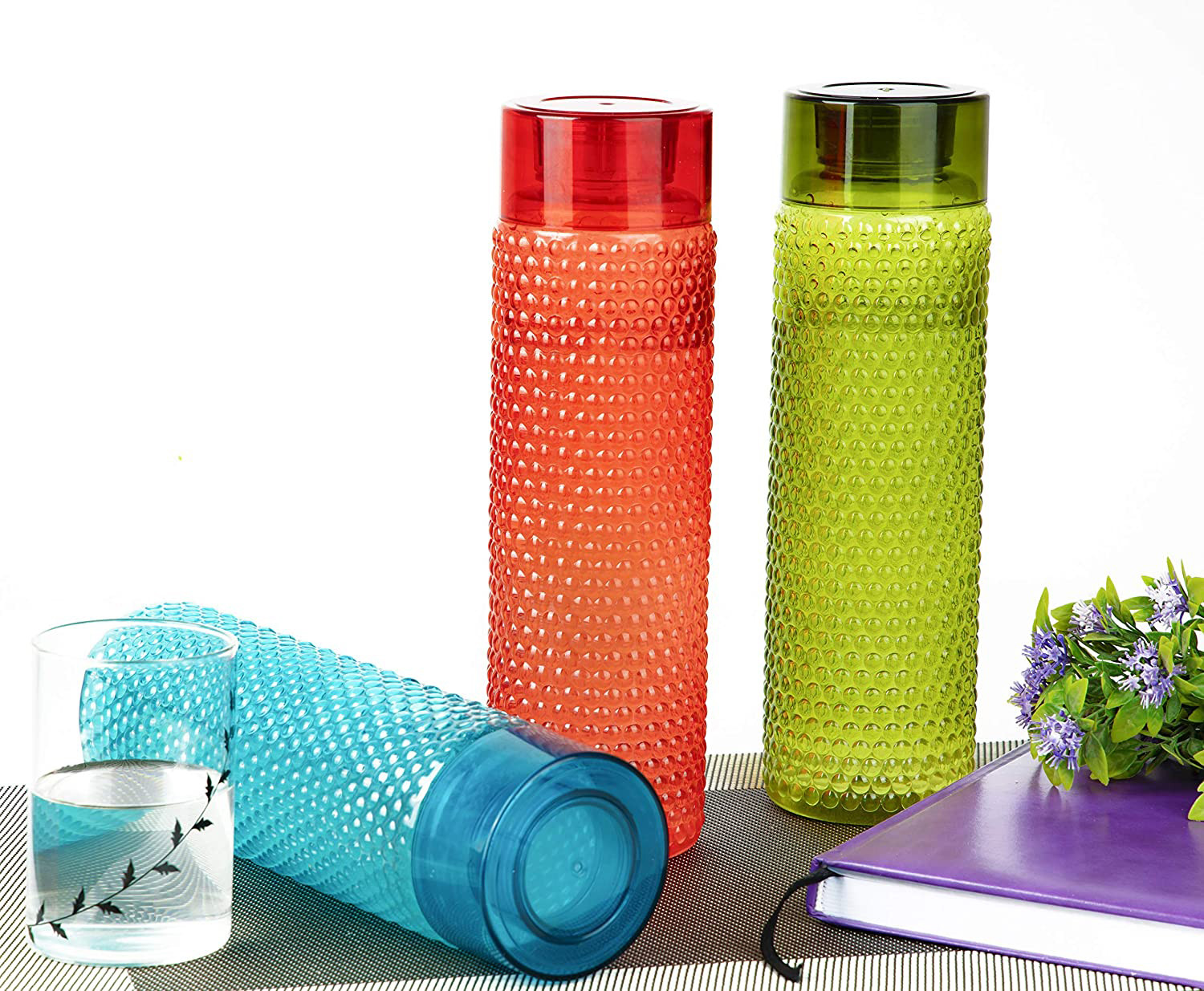 Kuber Industries Premium Quality Plastic Bubble Pattern Spill-Proof Water Storage Fridge Bottle Set,1000 ML (Multi)-KUBMART3320