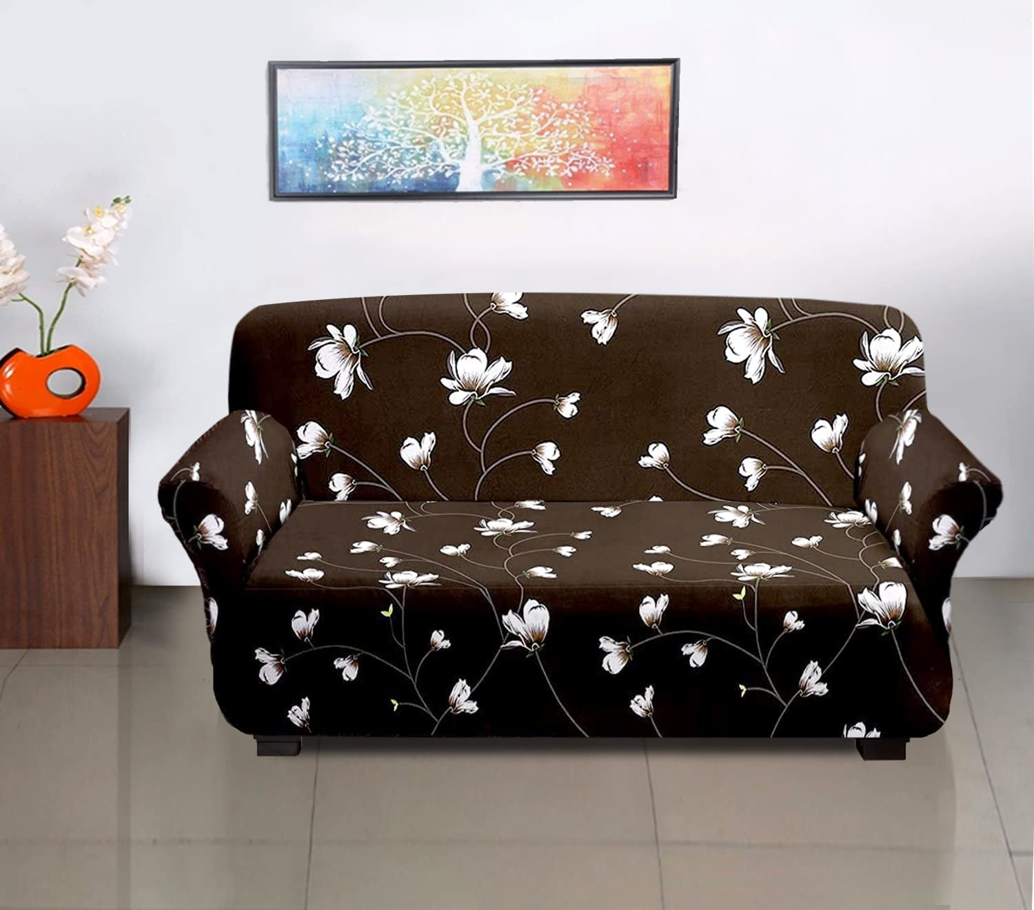 Kuber Industries Premium Two-Seater Comfort Sofa Cover|Polyester Floral Print Couch Cover|Stretchy Sofa Slipcovers With Foam Sticks (Brown)