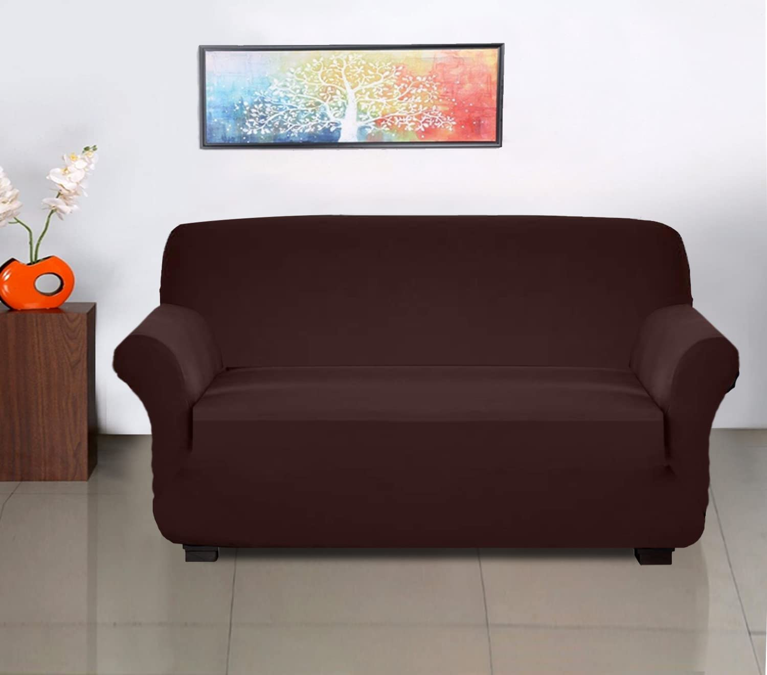Kuber Industries Premium Two-Seater Comfort Sofa Cover|Polyester Plain Couch Cover|Stretchy Sofa Slipcovers With Foam Sticks (Brown)