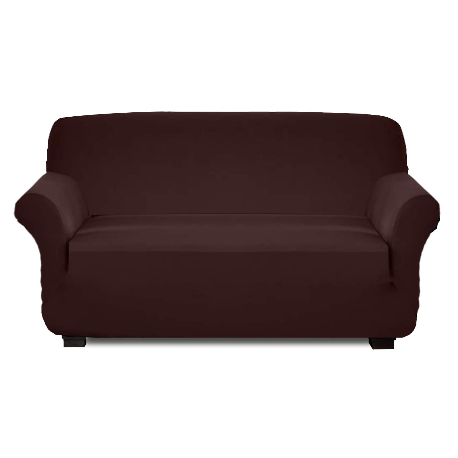 Kuber Industries Premium Two-Seater Comfort Sofa Cover|Polyester Plain Couch Cover|Stretchy Sofa Slipcovers With Foam Sticks (Brown)