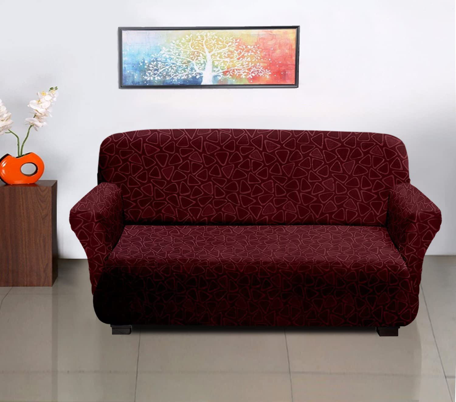 Kuber Industries Premium Two-Seater Comfort Sofa Cover|Triangle Design Polyester Couch Cover|Stretchy Sofa Slipcovers With Foam Sticks (Maroon)
