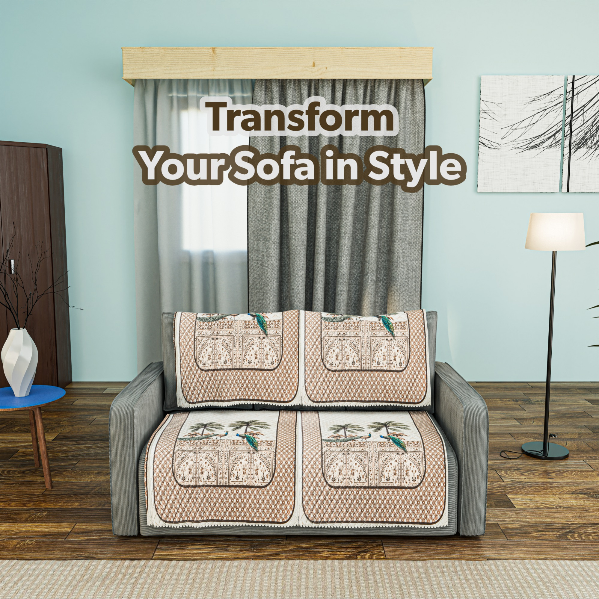 Kuber Industries Premium Velvet Quilted Sofa Cover for   Anti-Slip Sofa Seat Protector for Living Room  Home Decor  Protects Against Spills Pet Hair  Dust  Peacock - Brown