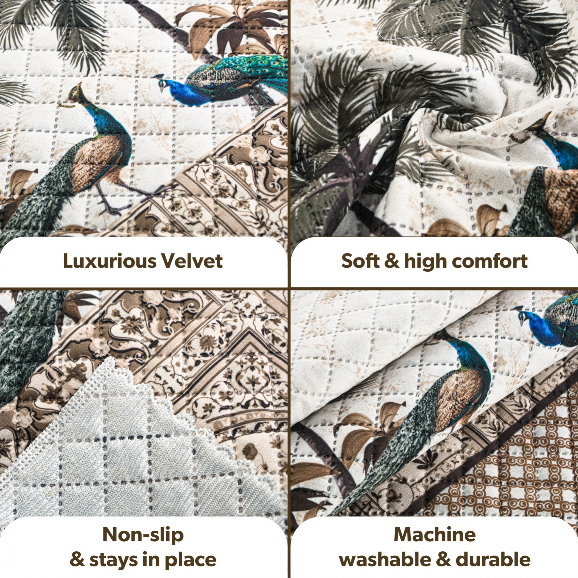 Kuber Industries Premium Velvet Quilted Sofa Cover for   Anti-Slip Sofa Seat Protector for Living Room  Home Decor  Protects Against Spills Pet Hair  Dust  Peacock - Brown