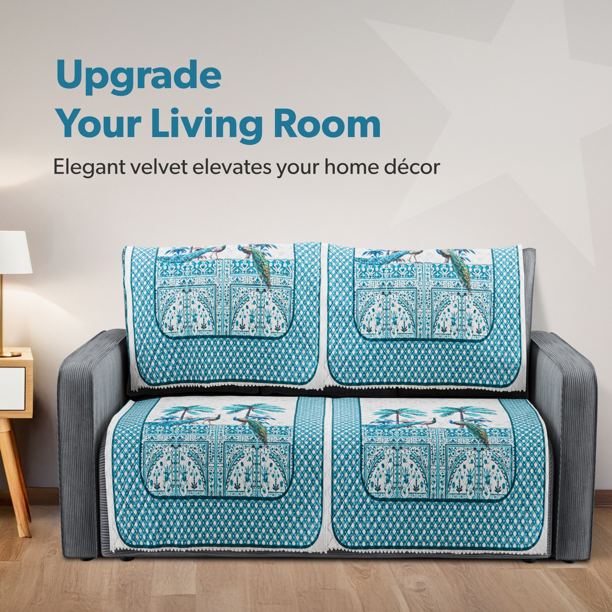 Kuber Industries Premium Velvet Quilted Sofa Cover for   Anti-Slip Sofa Seat Protector for Living Room  Home Decor  Protects Against Spills Pet Hair  Dust  Peacock - Aqua Blue