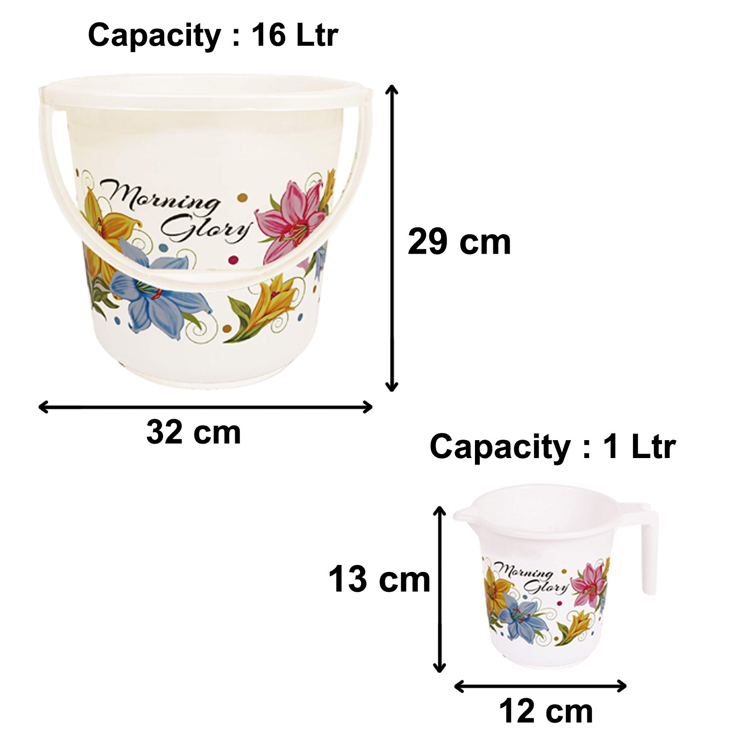 Kuber Industries Printed 2 Pieces Unbreakable Virgin Plastic Multipurpose Bathroom Bucket & Mug Set (White)