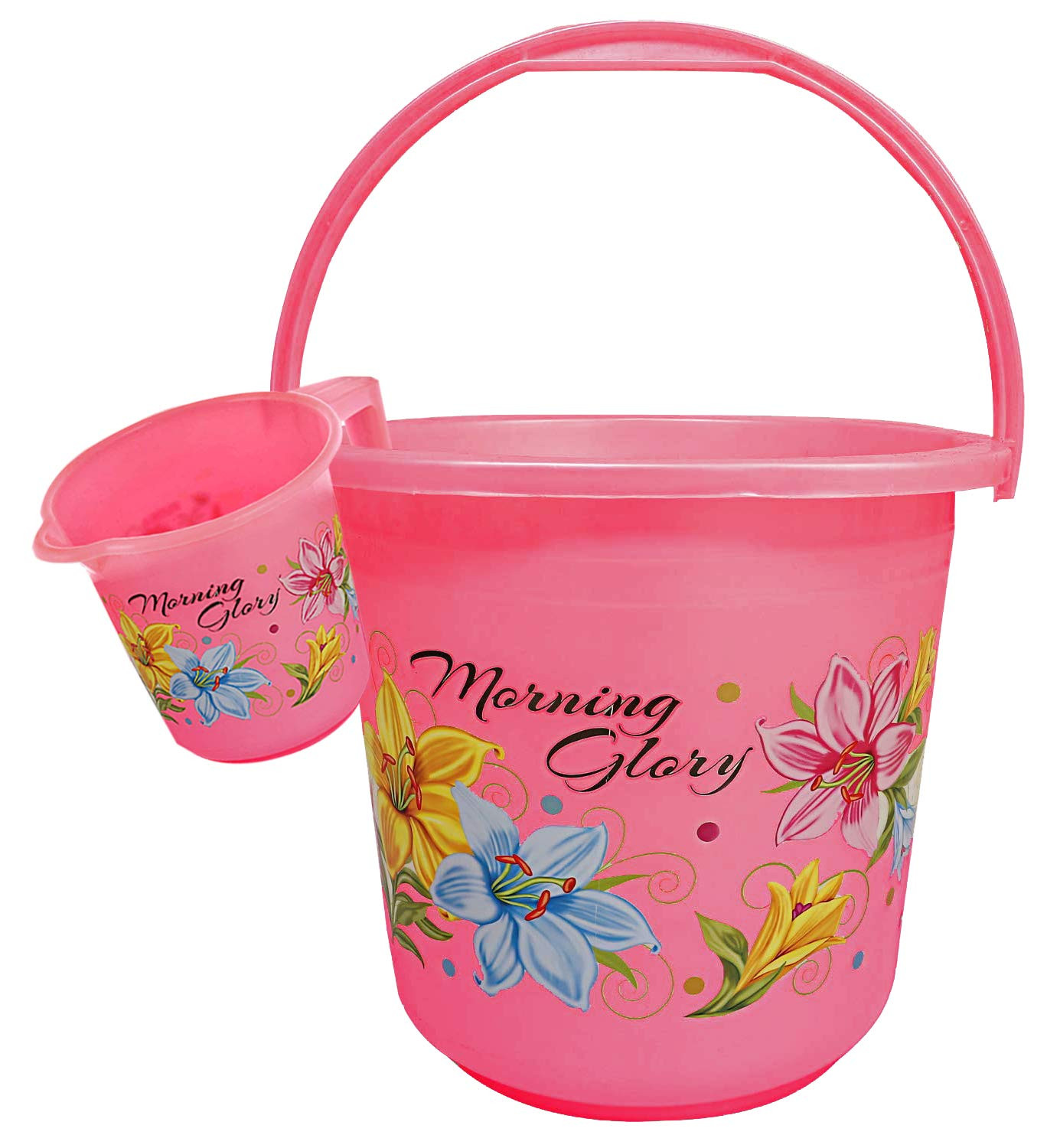 Kuber Industries Printed 2 Pieces Unbreakable Virgin Plastic Multipurpose Bathroom Bucket & Mug Set (Pink)