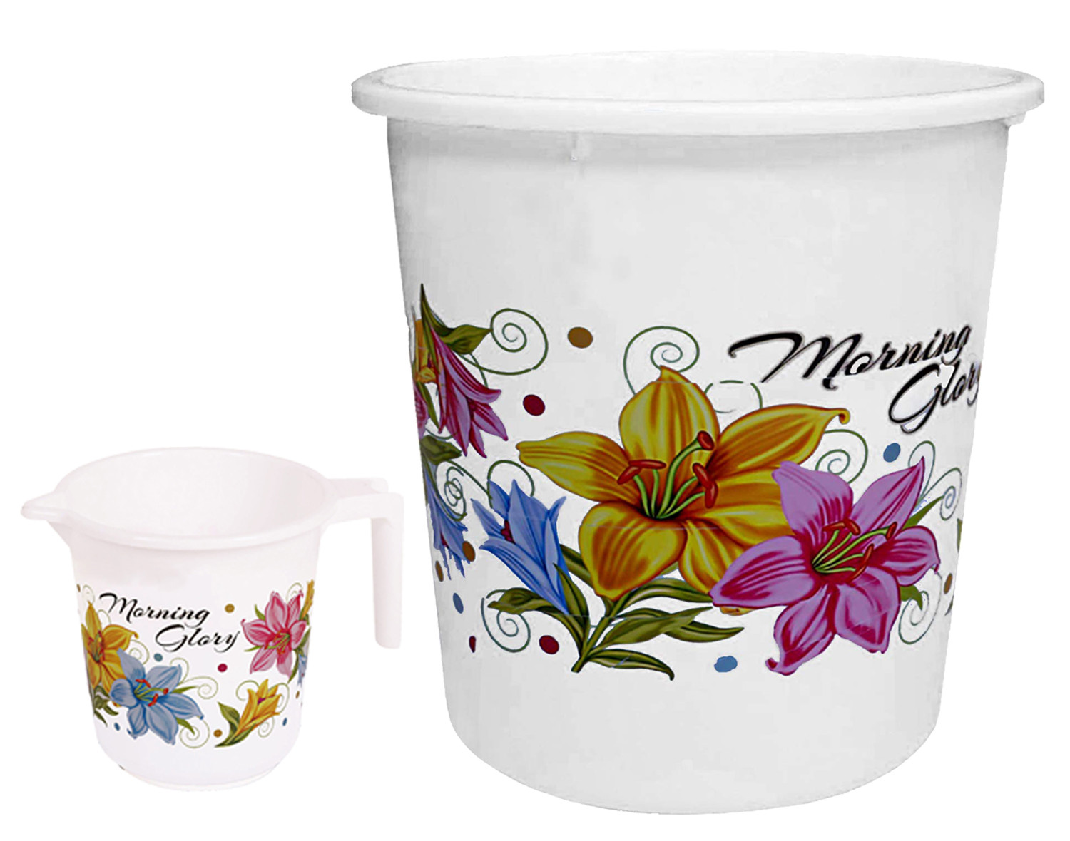 Kuber Industries Printed 2 Pieces Unbreakable Virgin Plastic Multipurpose Bathroom Dustbin & Mug Set (White)