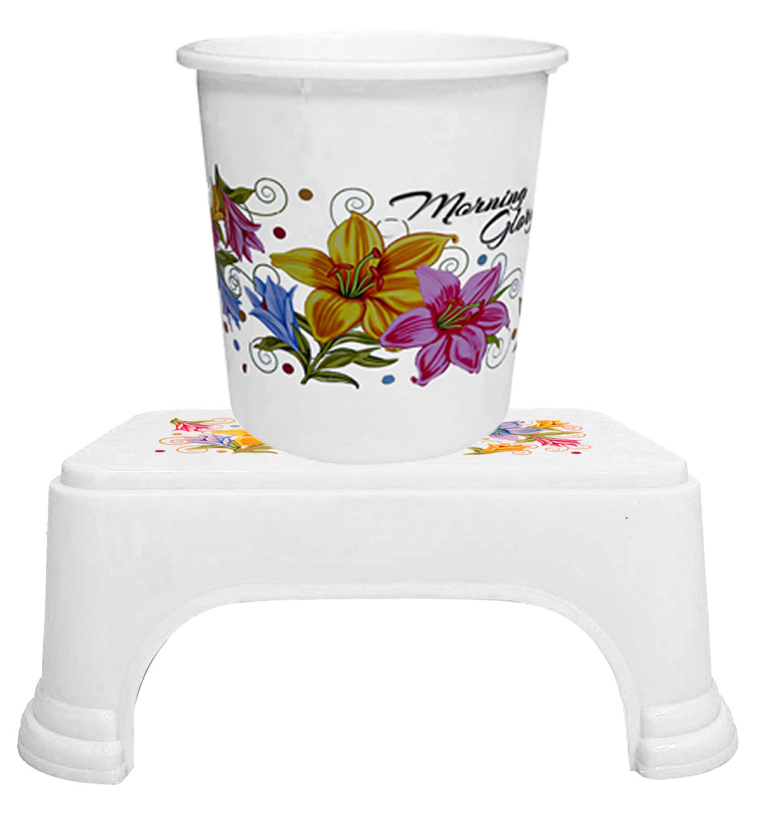 Kuber Industries Printed 2 Pieces Unbreakable Virgin Plastic Multipurpose Bathroom Dustbin & Stool Set (White)