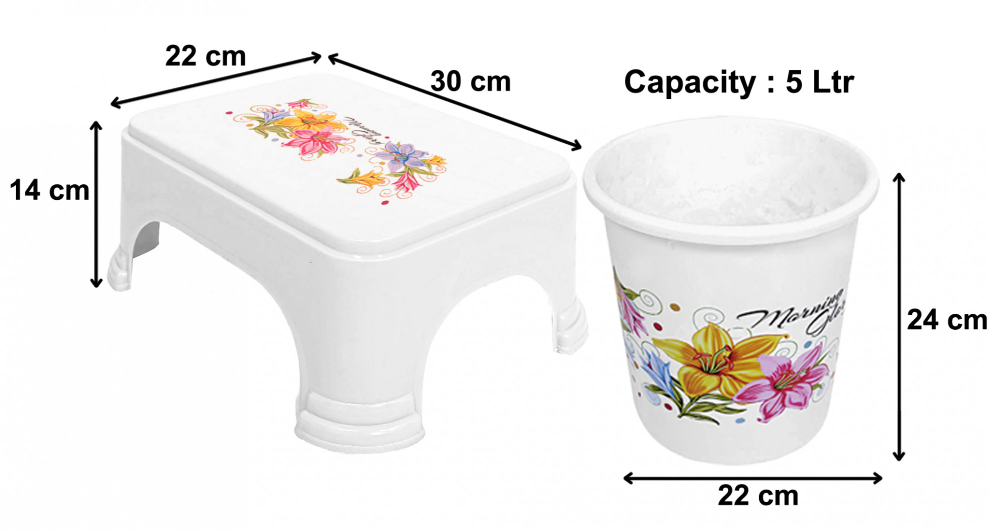 Kuber Industries Printed 2 Pieces Unbreakable Virgin Plastic Multipurpose Bathroom Dustbin & Stool Set (White)