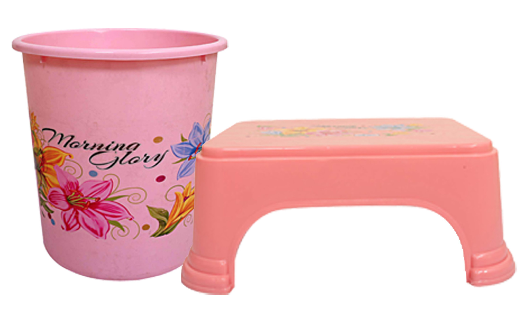 Kuber Industries Printed 2 Pieces Unbreakable Virgin Plastic Multipurpose Bathroom Dustbin & Stool Set (Pink)